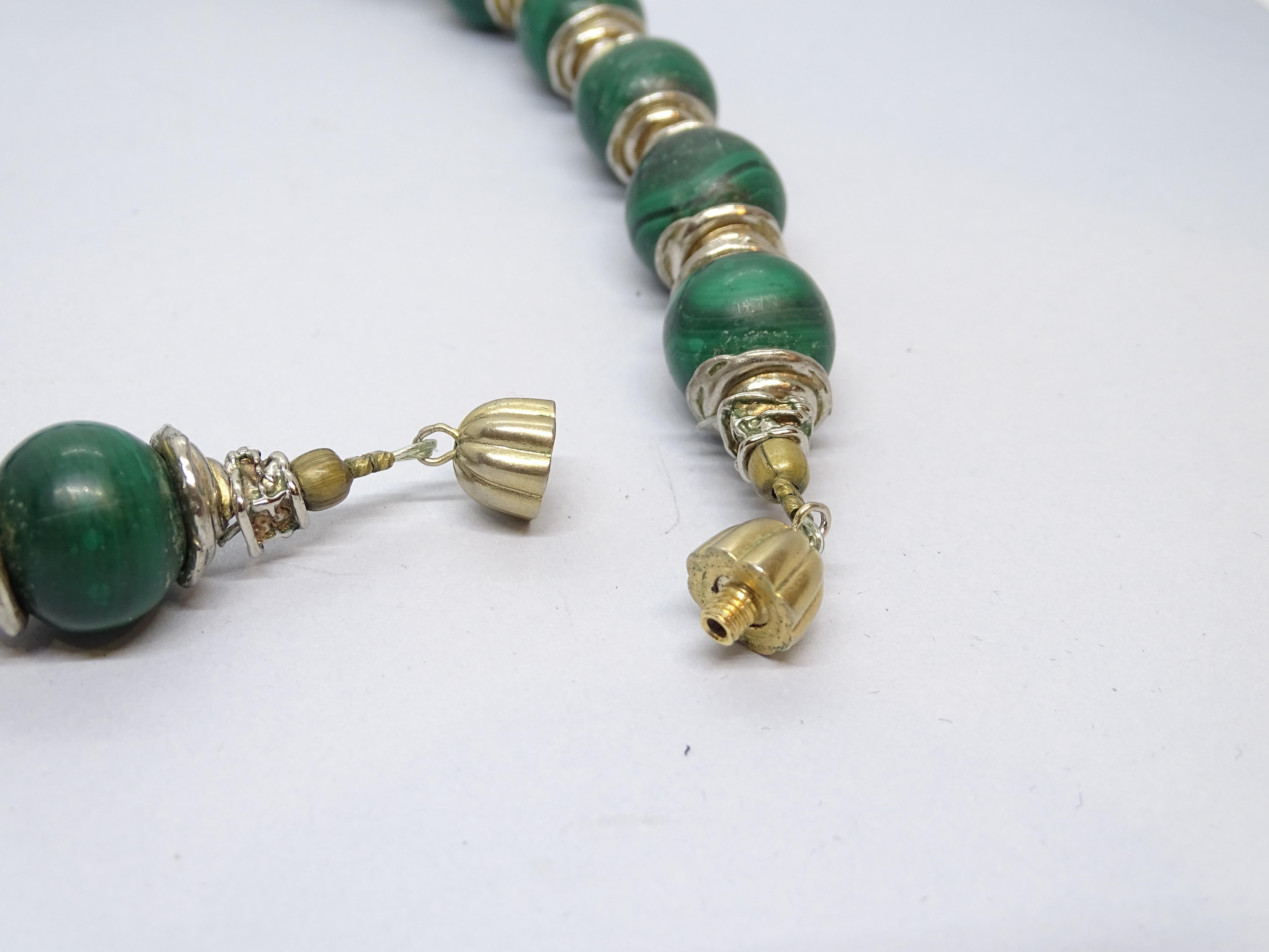 Women's or Men's French  Vintage Green necklace with malachite balls  set in gild-metal For Sale