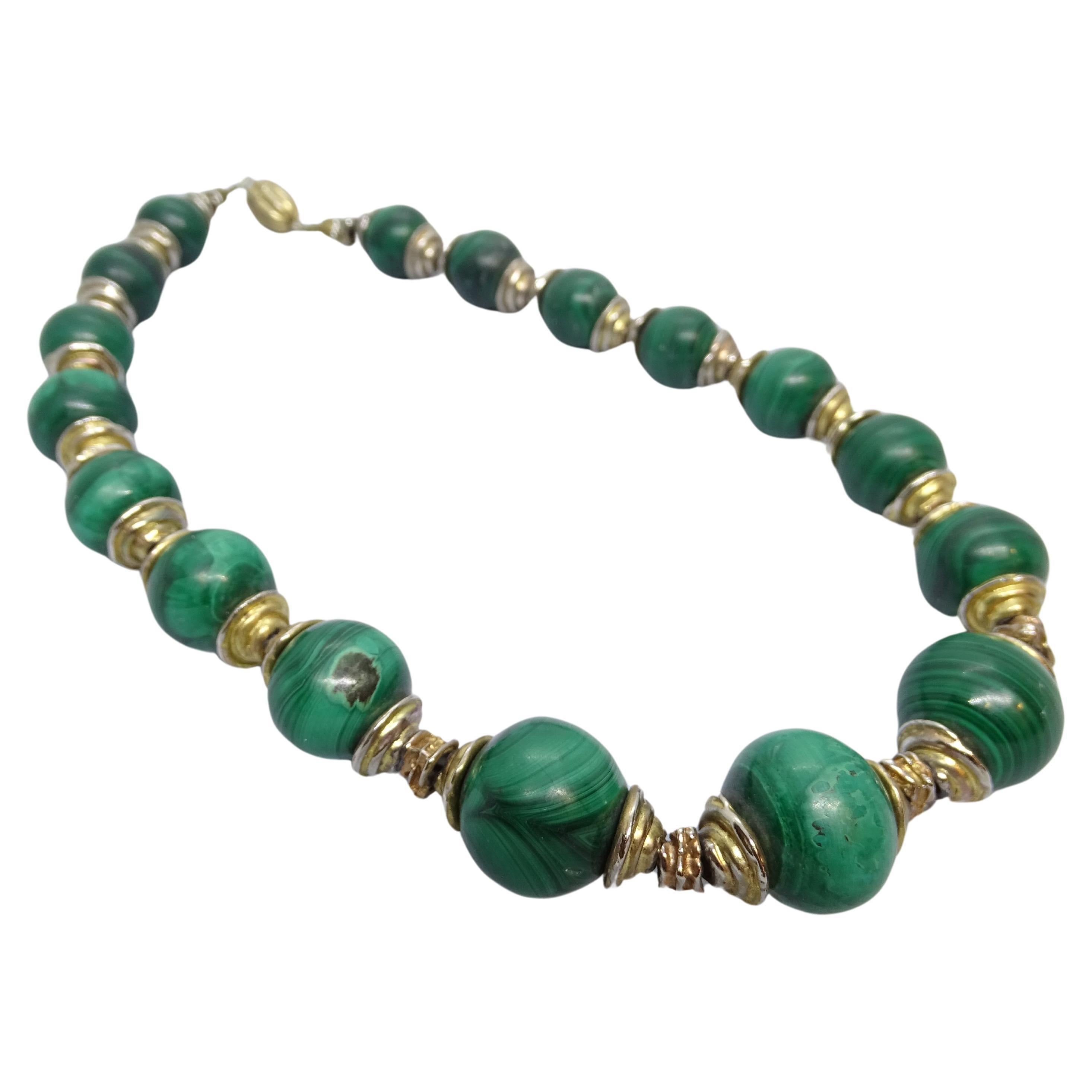 Französisch  Grüne Vintage-Halskette mit Malachitkugeln  Set aus Gild-Metall