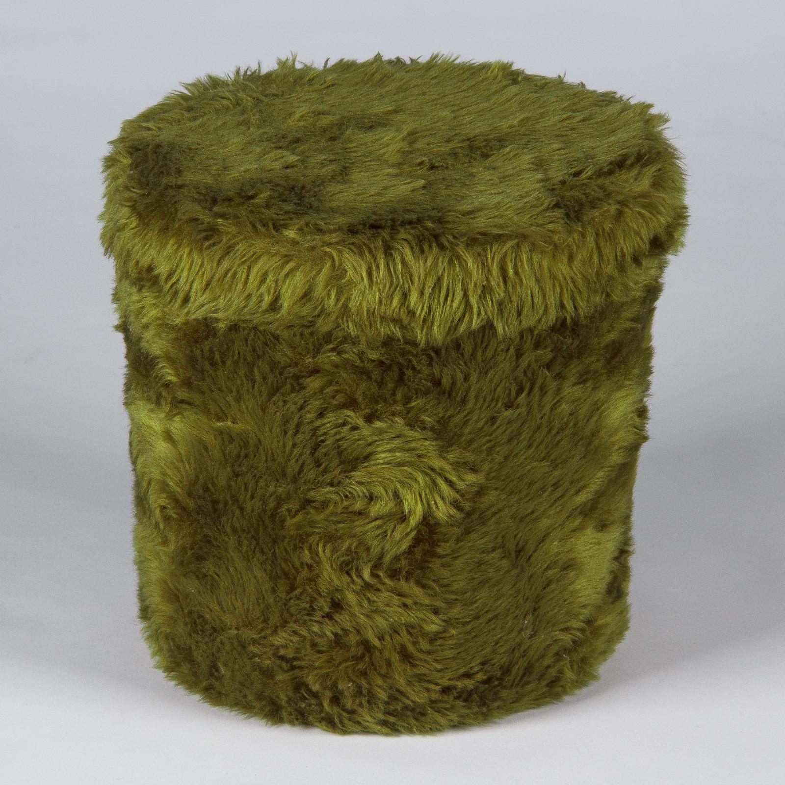 Synthetic French Vintage Green Pouf Vanity Stool, 1970s