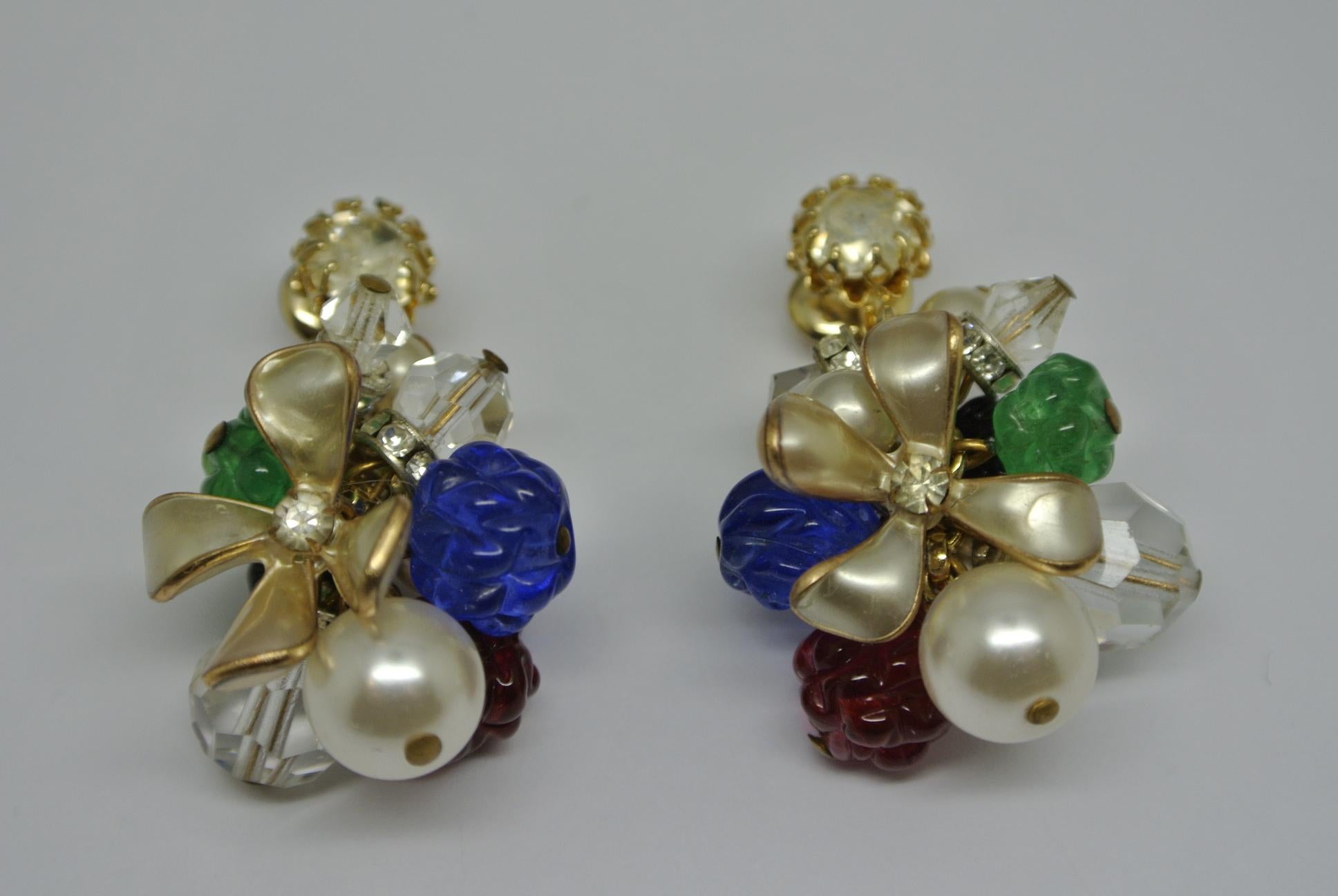 French made earrings, come with white gripoix glass flower and multi-colour berry glasses drops. While earrings top look like replaced ones. 