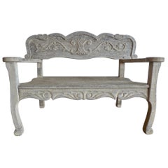 French Vintage Hand Carved Wood Bench