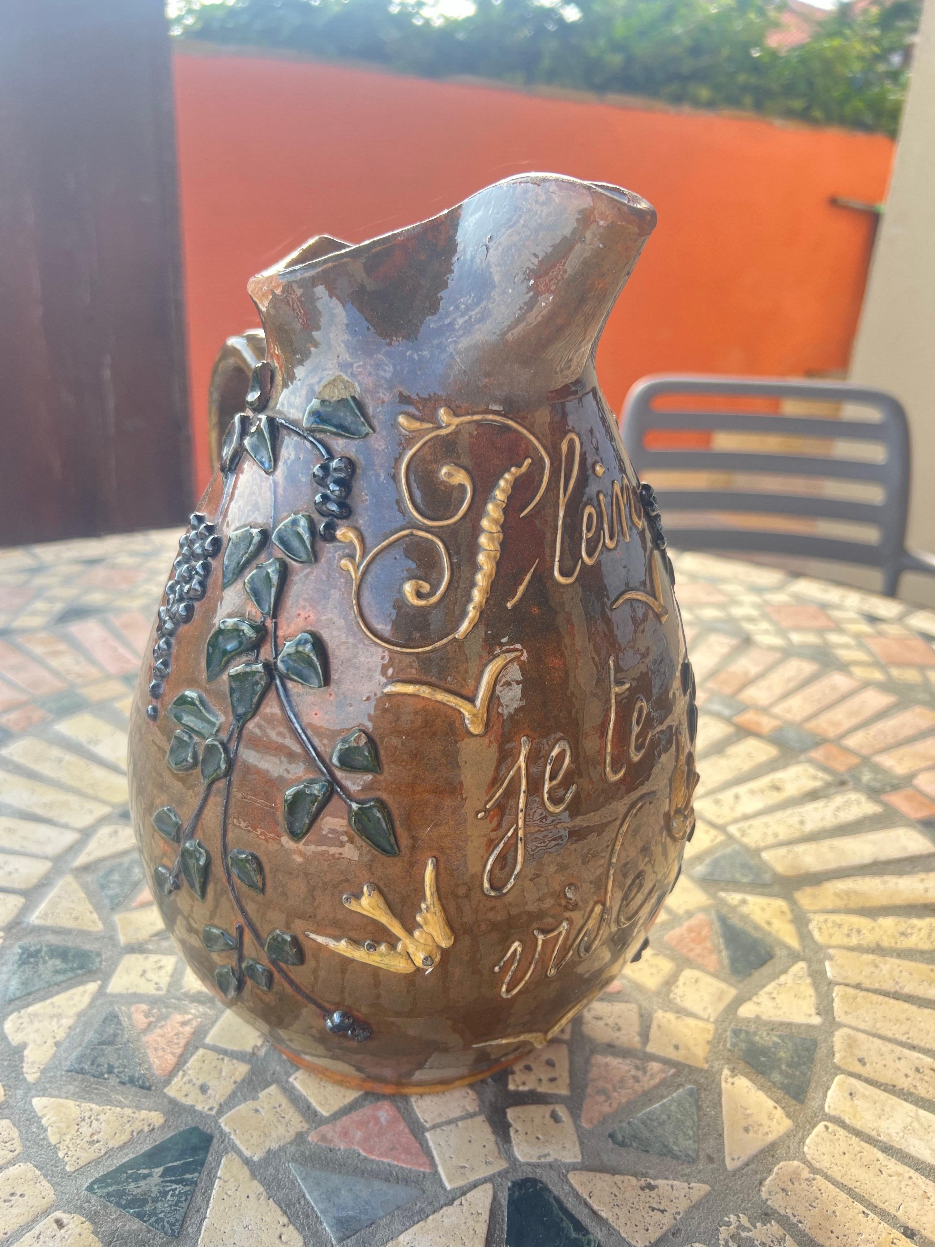 Hand-Crafted French Vintage Handcrafted Brown Ceramic Pitcher For Sale