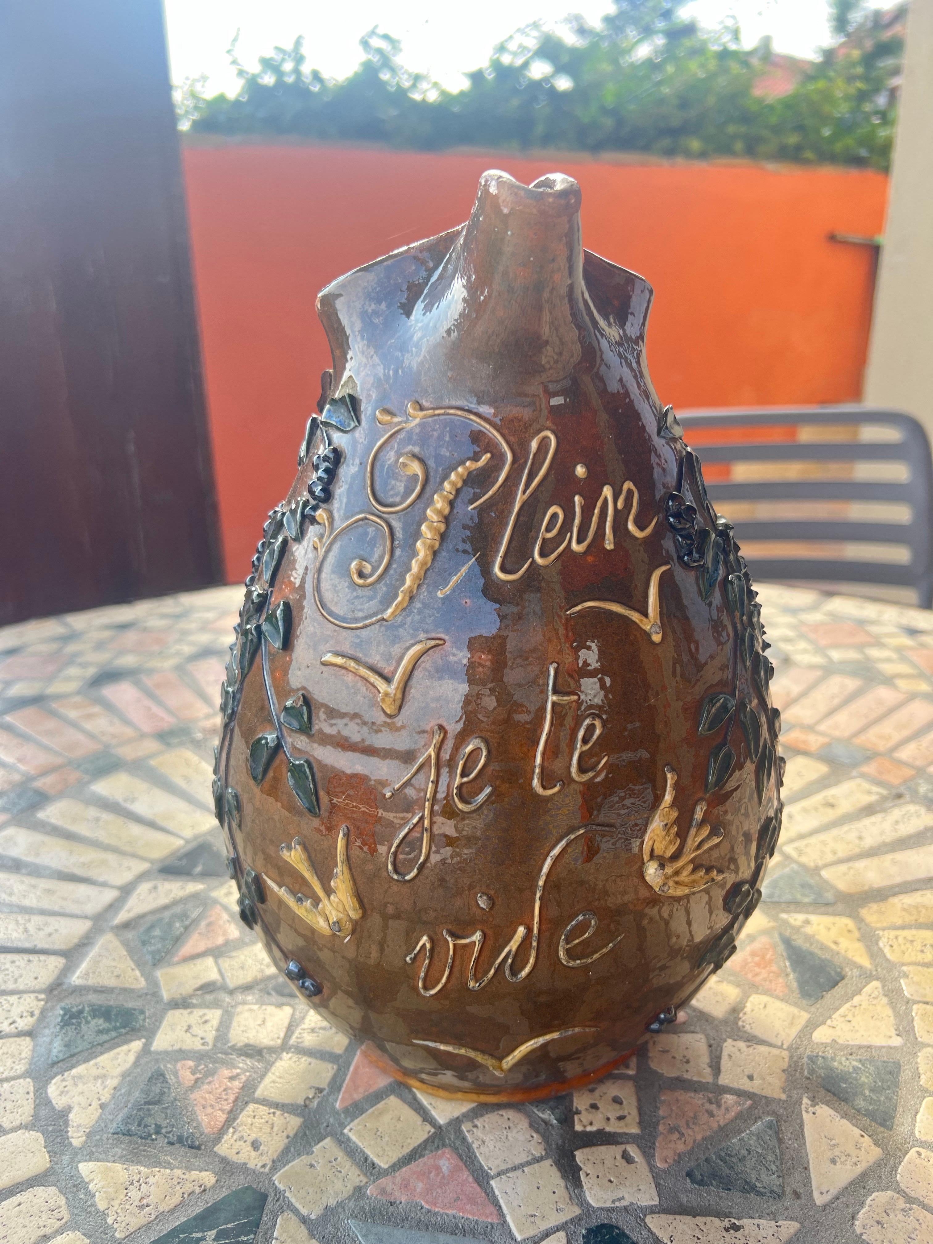 French Vintage Handcrafted Brown Ceramic Pitcher In Good Condition For Sale In Sofia, BG