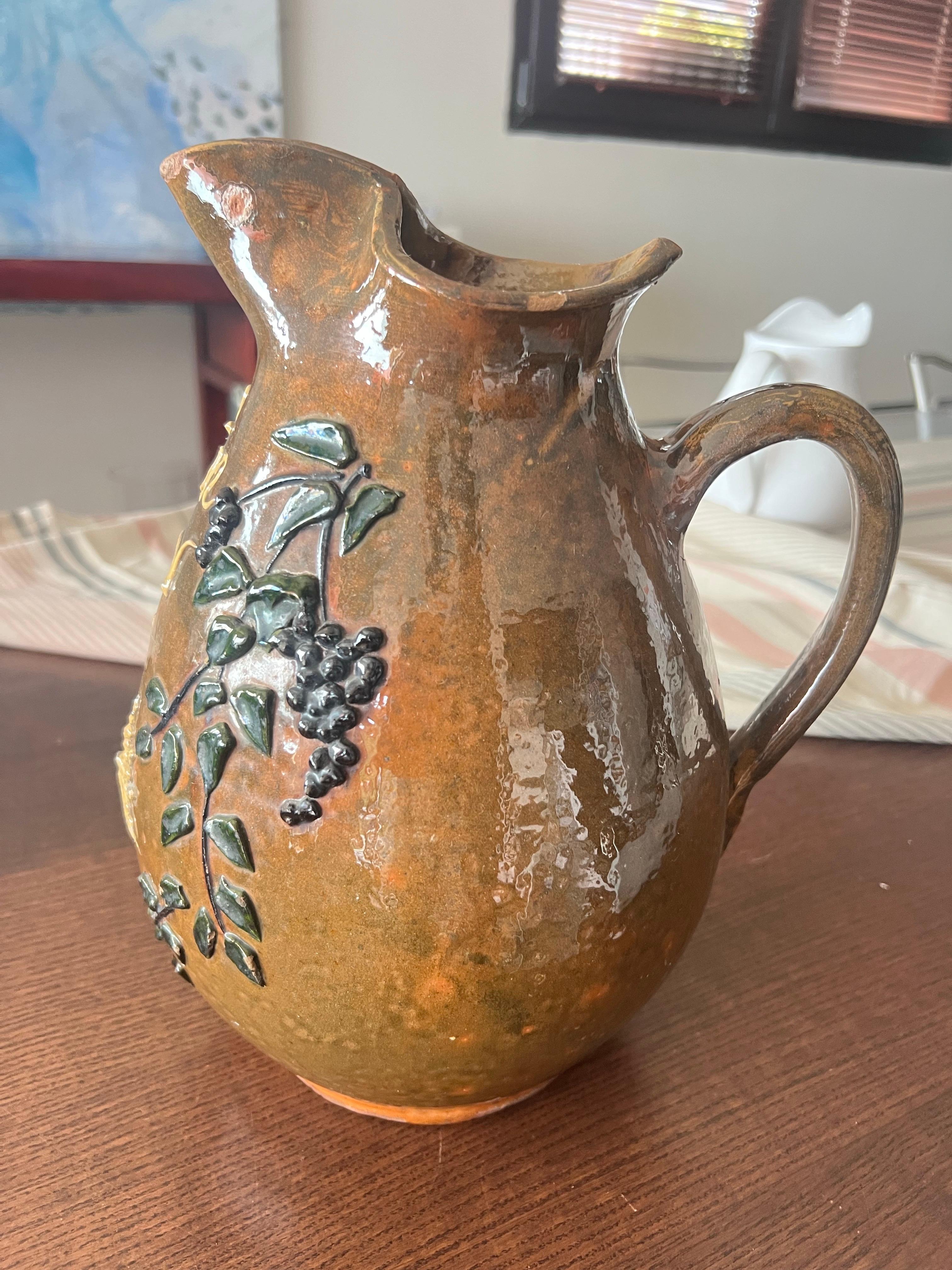 20th Century French Vintage Handcrafted Brown Ceramic Pitcher For Sale