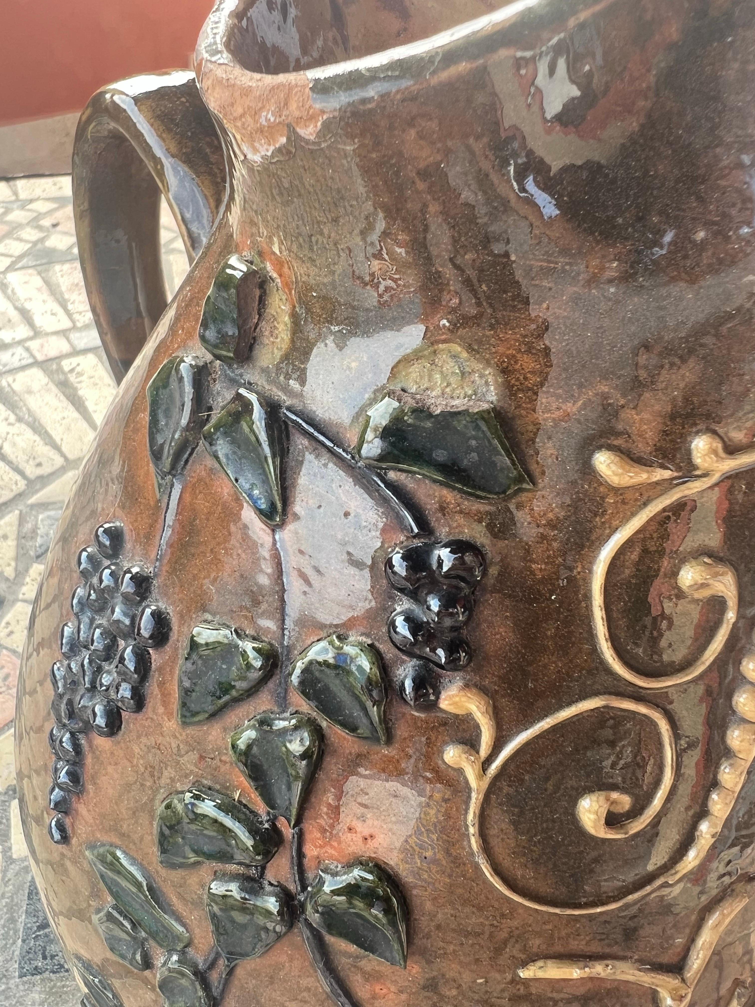 French Vintage Handcrafted Brown Ceramic Pitcher For Sale 1
