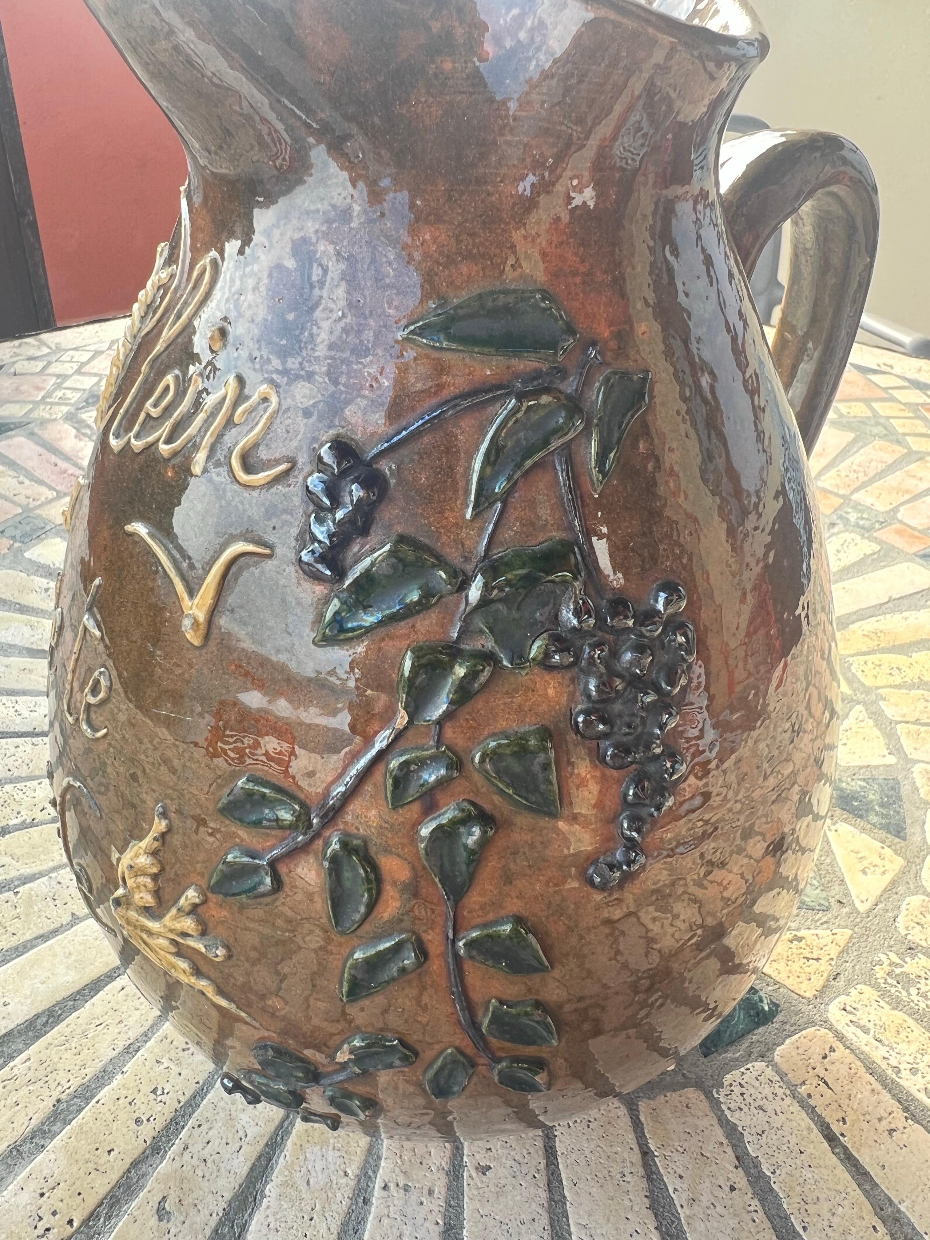 French Vintage Handcrafted Brown Ceramic Pitcher For Sale 2
