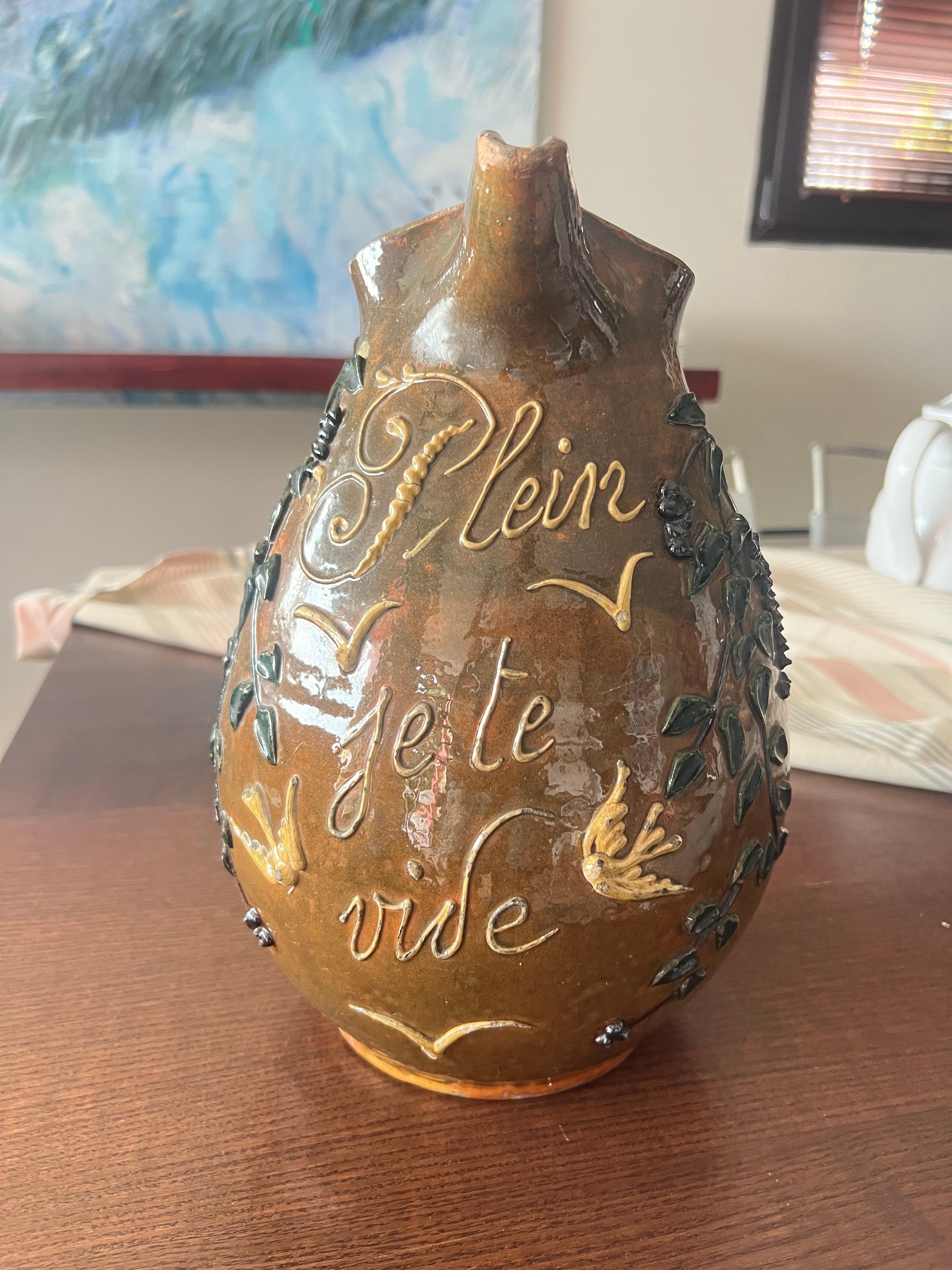 French Vintage Handcrafted Brown Ceramic Pitcher For Sale 3