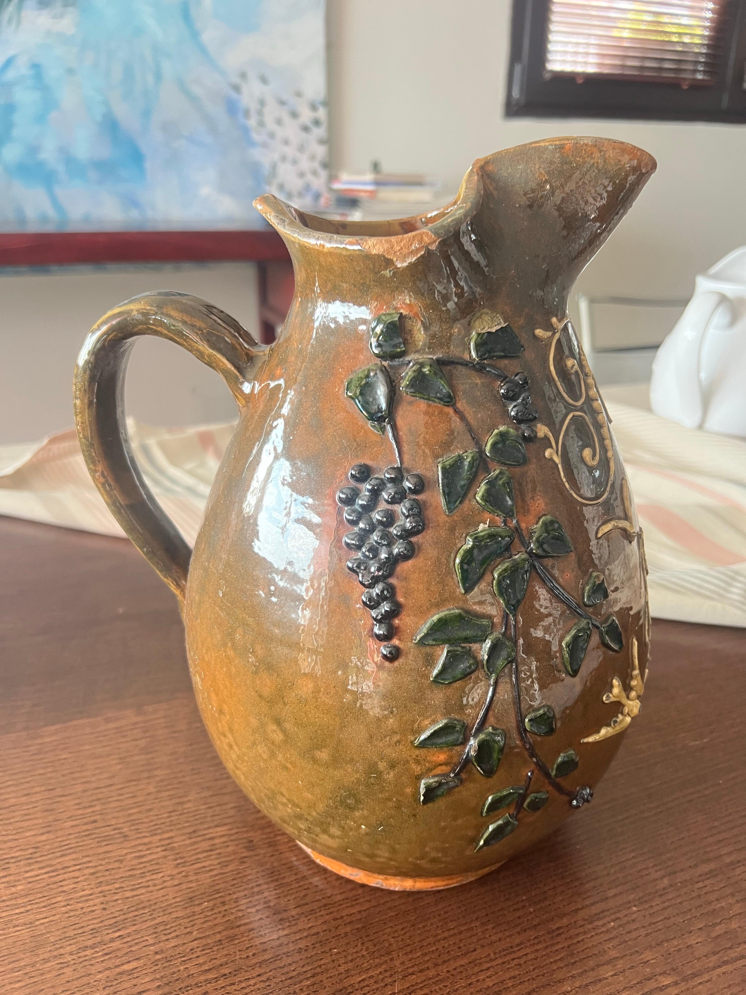 French Vintage Handcrafted Brown Ceramic Pitcher For Sale 4