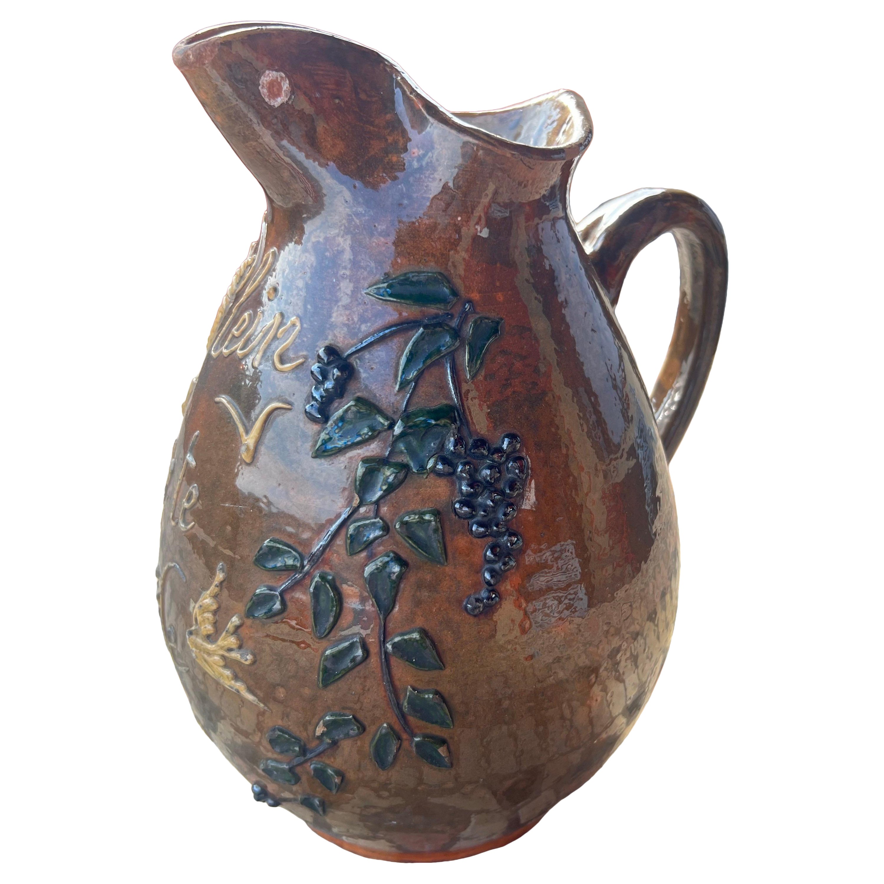 French Vintage Handcrafted Brown Ceramic Pitcher For Sale