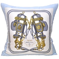 French Vintage Hermes Silk Scarf and Irish Linen Cushion Pillow Blue Gold