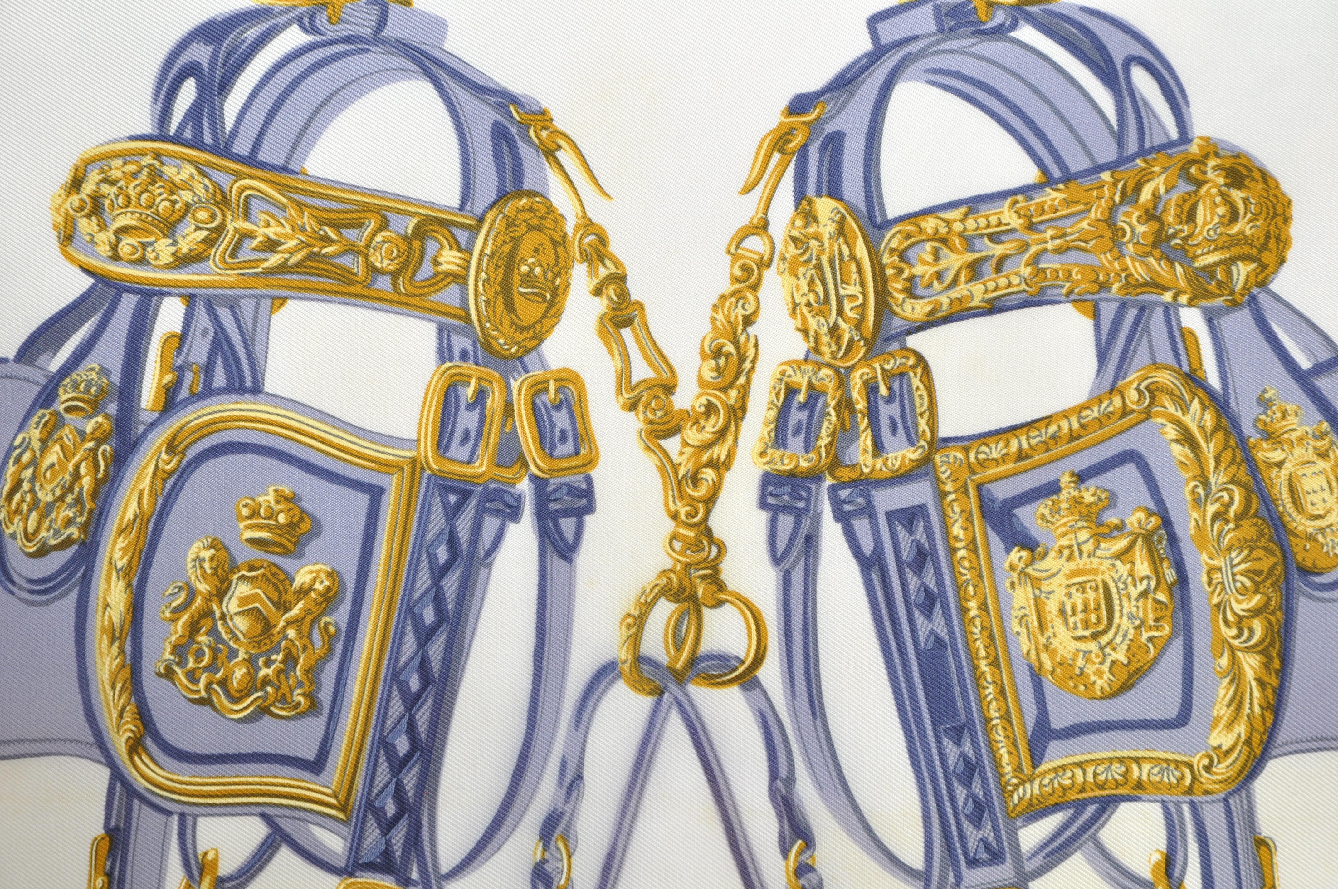 Title:
Vintage Hermes Equestrian Silk Scarf and Irish Linen Cushion Pillow Purple Blue Gold

Description:
The ‘crème de la crème’ of scarves, this beauty is a one-of-a-kind luxury cushion (pillow) created from an exquisite vintage silk Hermes