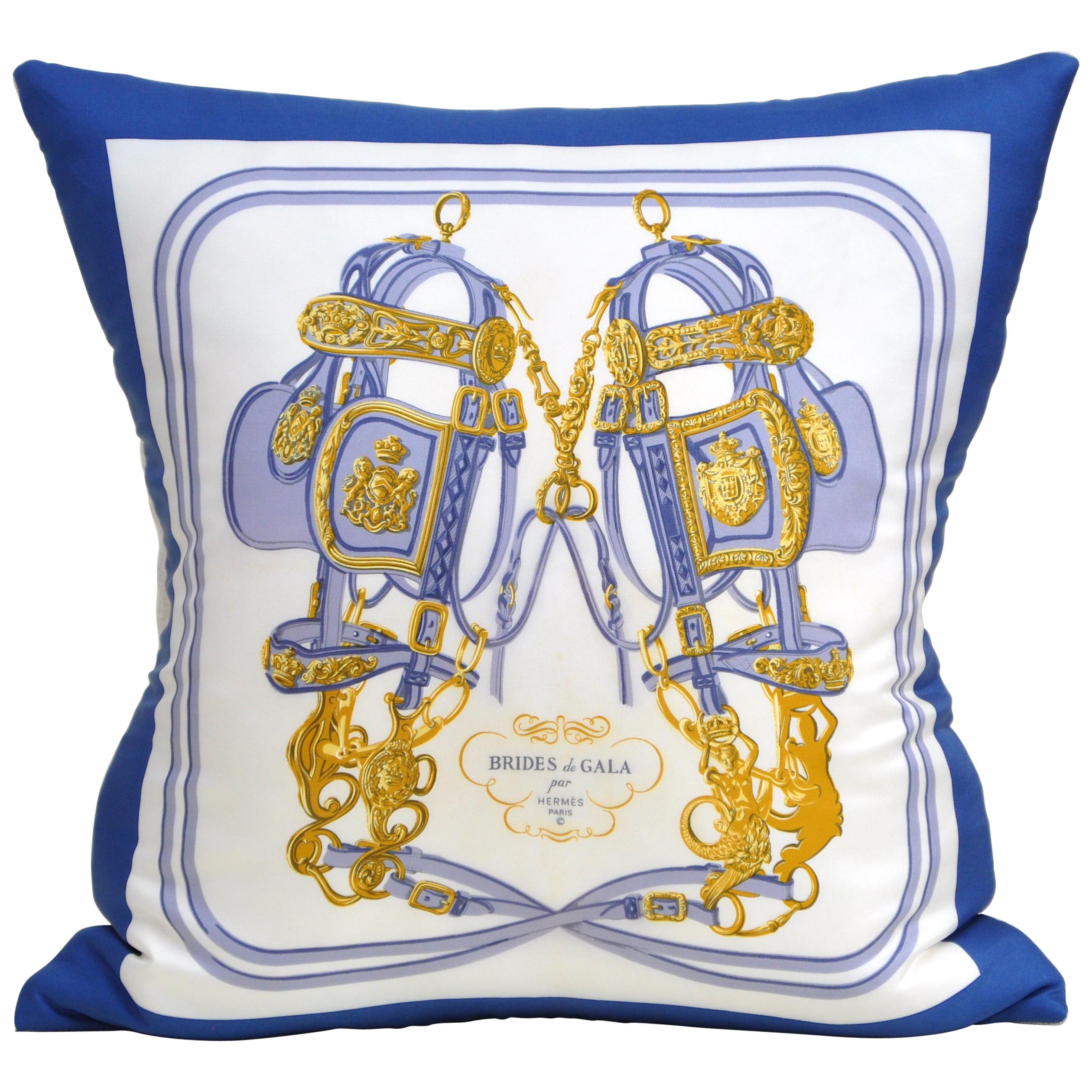 French Vintage Hermes Silk Scarf and Irish Linen Cushion Pillow Rare Purple Blue