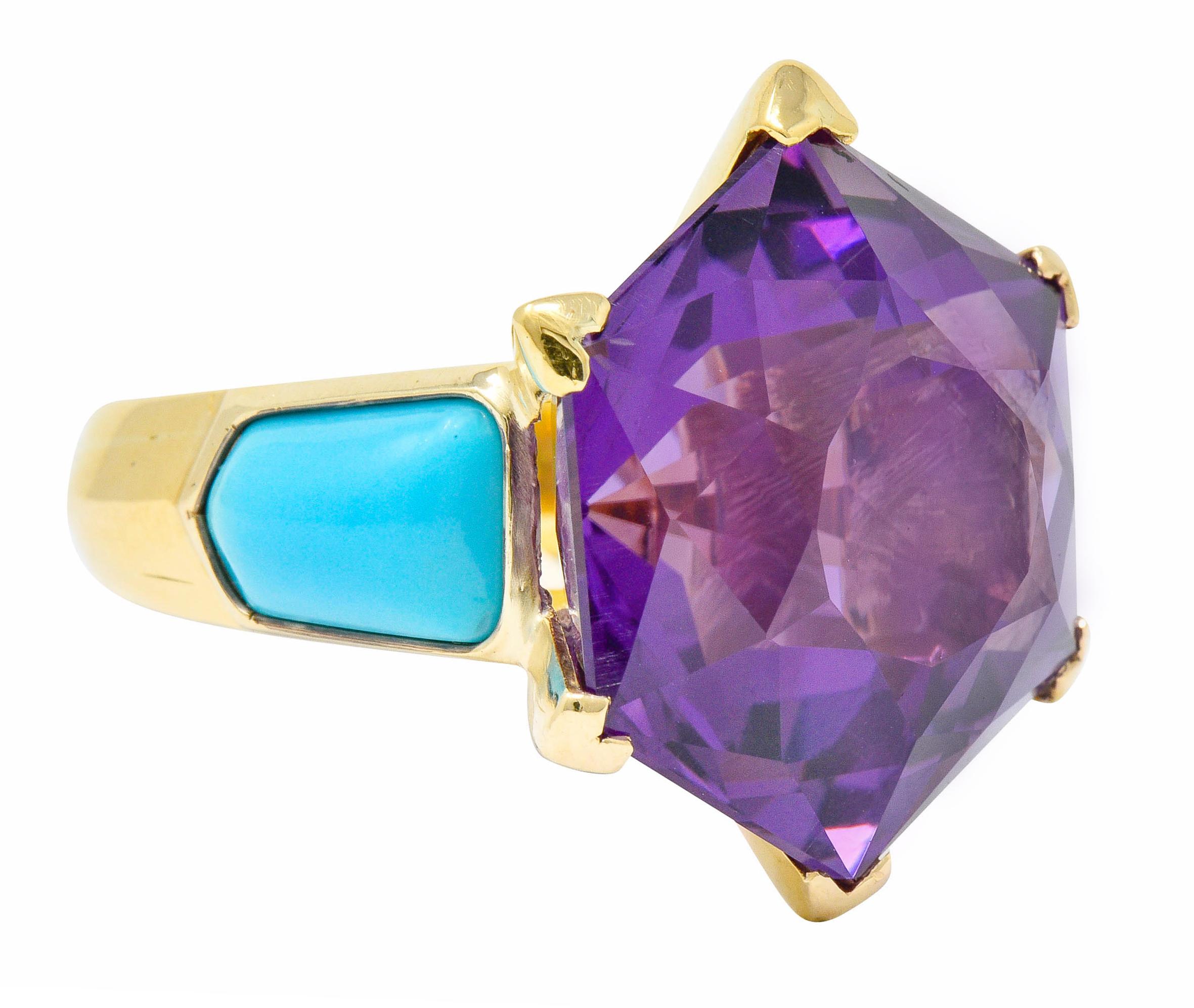 Statement ring centers a large hexagonal cut amethyst measuring approximately 22.0 x 22.0 mm

Transparent and vibrantly purple and even in color

Set as a starburst motif with dynamic V prongs that extend down to mounting

Flanked by calibrè cut