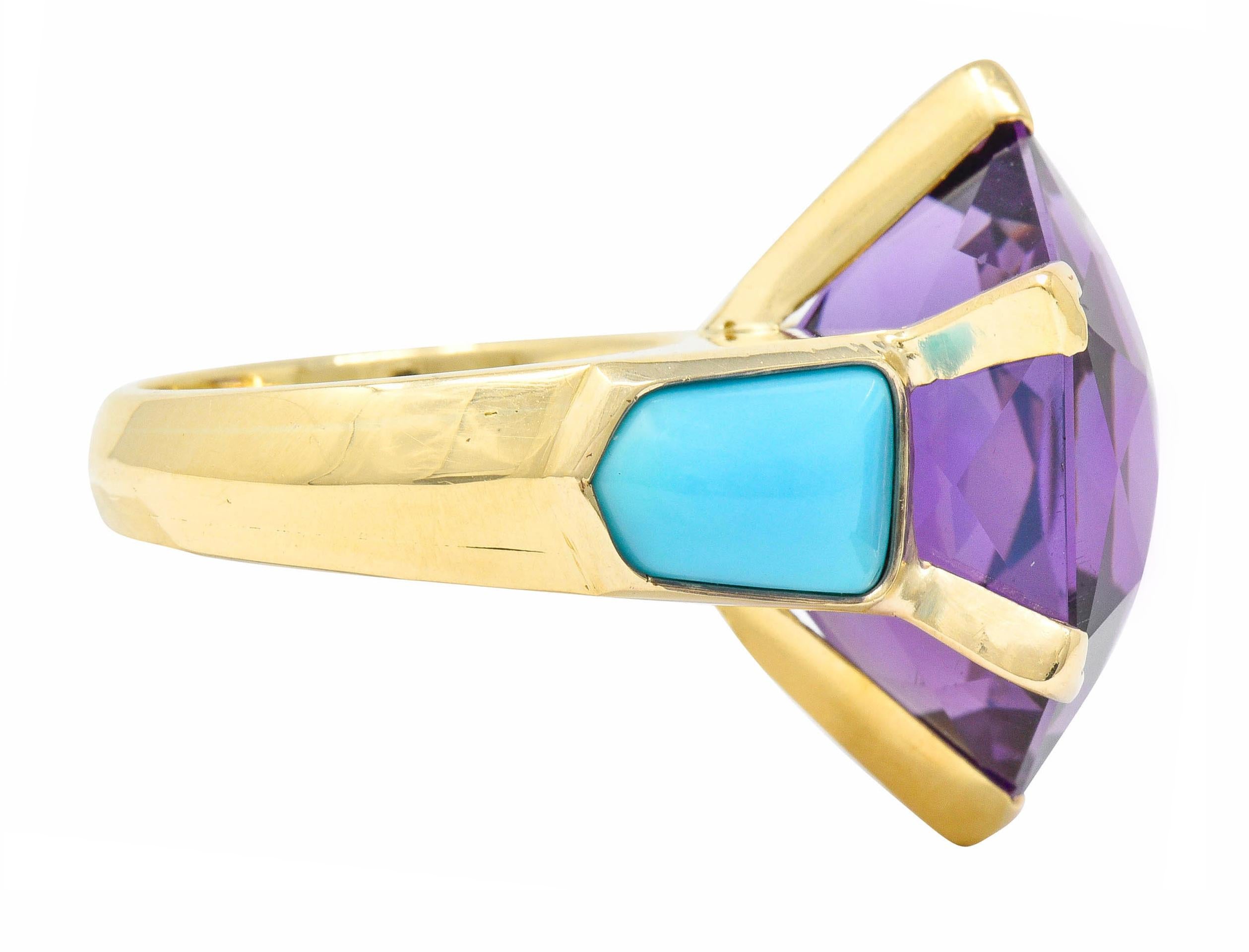 Contemporary French Vintage Hexagonal Amethyst Turquoise 18 Karat Gold Statement Ring