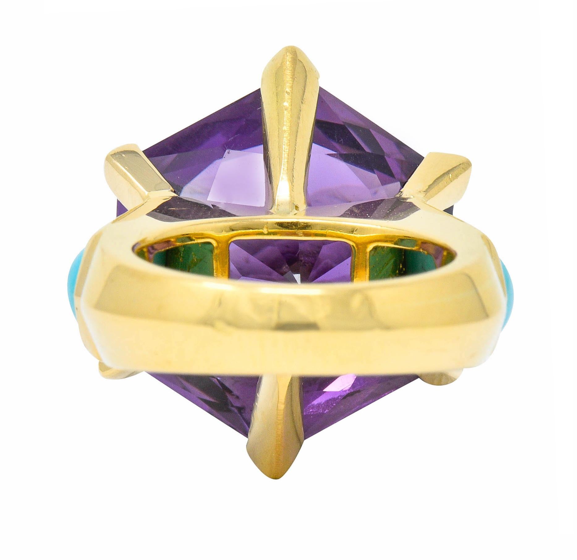 Hexagon Cut French Vintage Hexagonal Amethyst Turquoise 18 Karat Gold Statement Ring