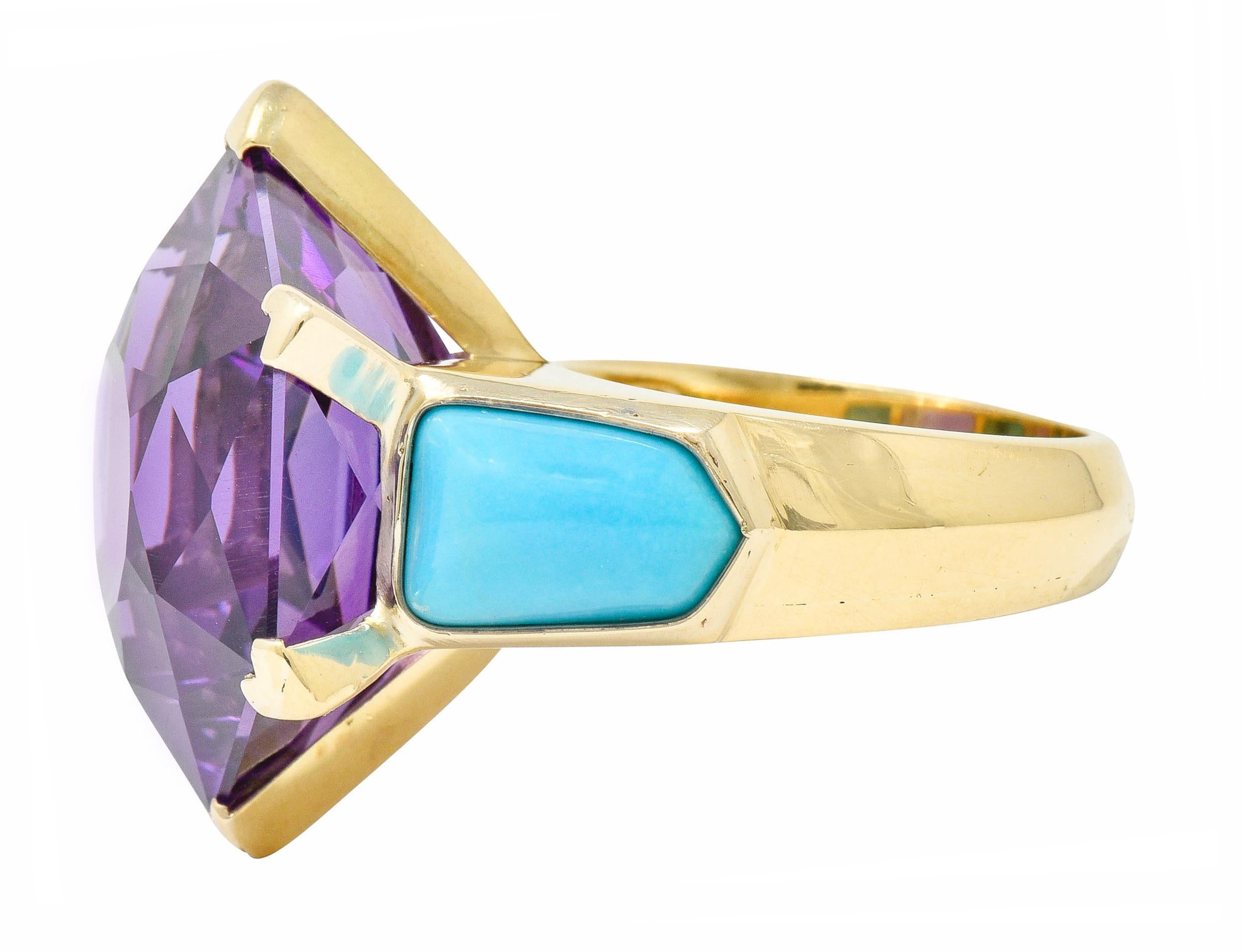 French Vintage Hexagonal Amethyst Turquoise 18 Karat Gold Statement Ring In Excellent Condition In Philadelphia, PA