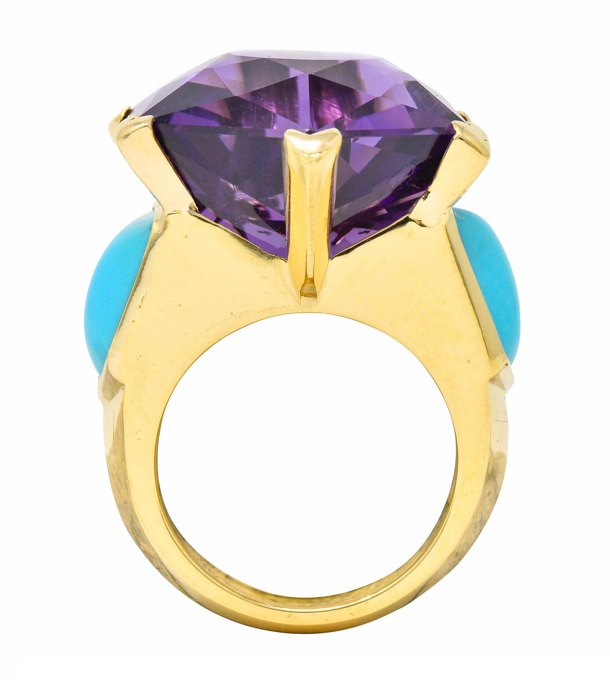 French Vintage Hexagonal Amethyst Turquoise 18 Karat Gold Statement Ring 1