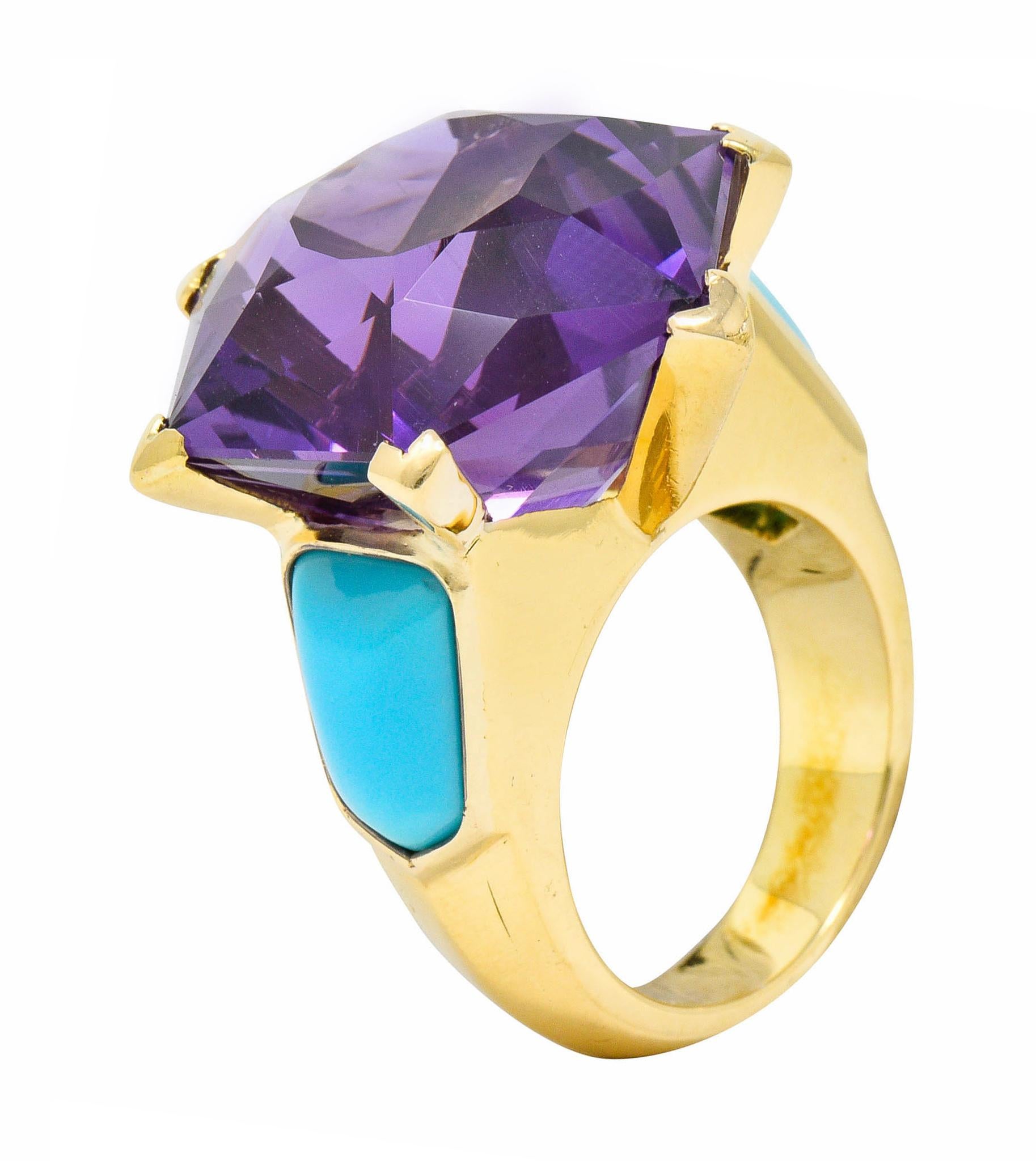 French Vintage Hexagonal Amethyst Turquoise 18 Karat Gold Statement Ring 2