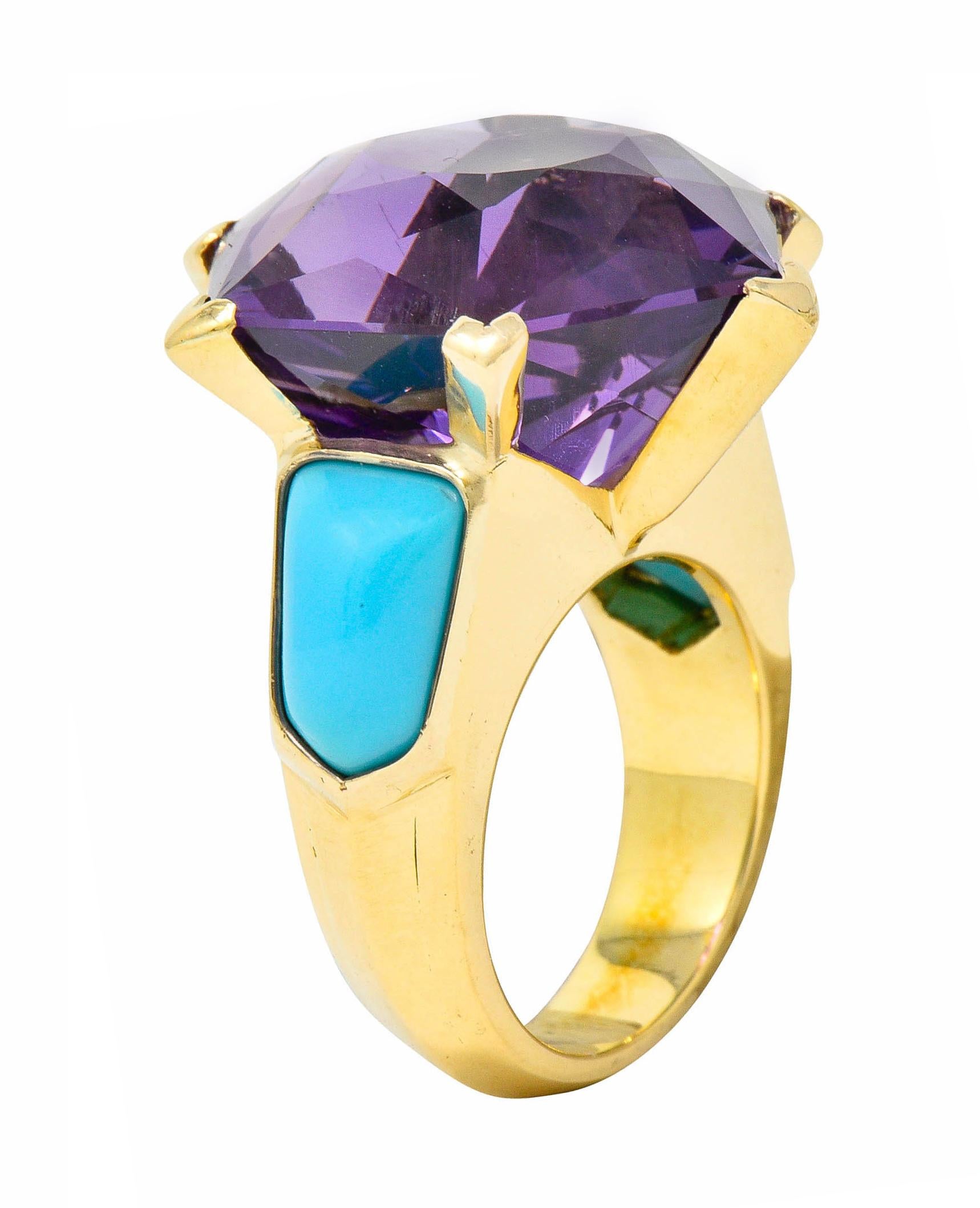 French Vintage Hexagonal Amethyst Turquoise 18 Karat Gold Statement Ring 3