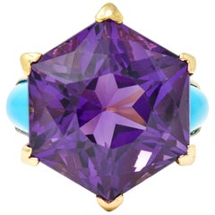 French Vintage Hexagonal Amethyst Turquoise 18 Karat Gold Statement Ring