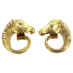 French Vintage Horse Head Diamond 18 Karat Yellow Gold Earrings