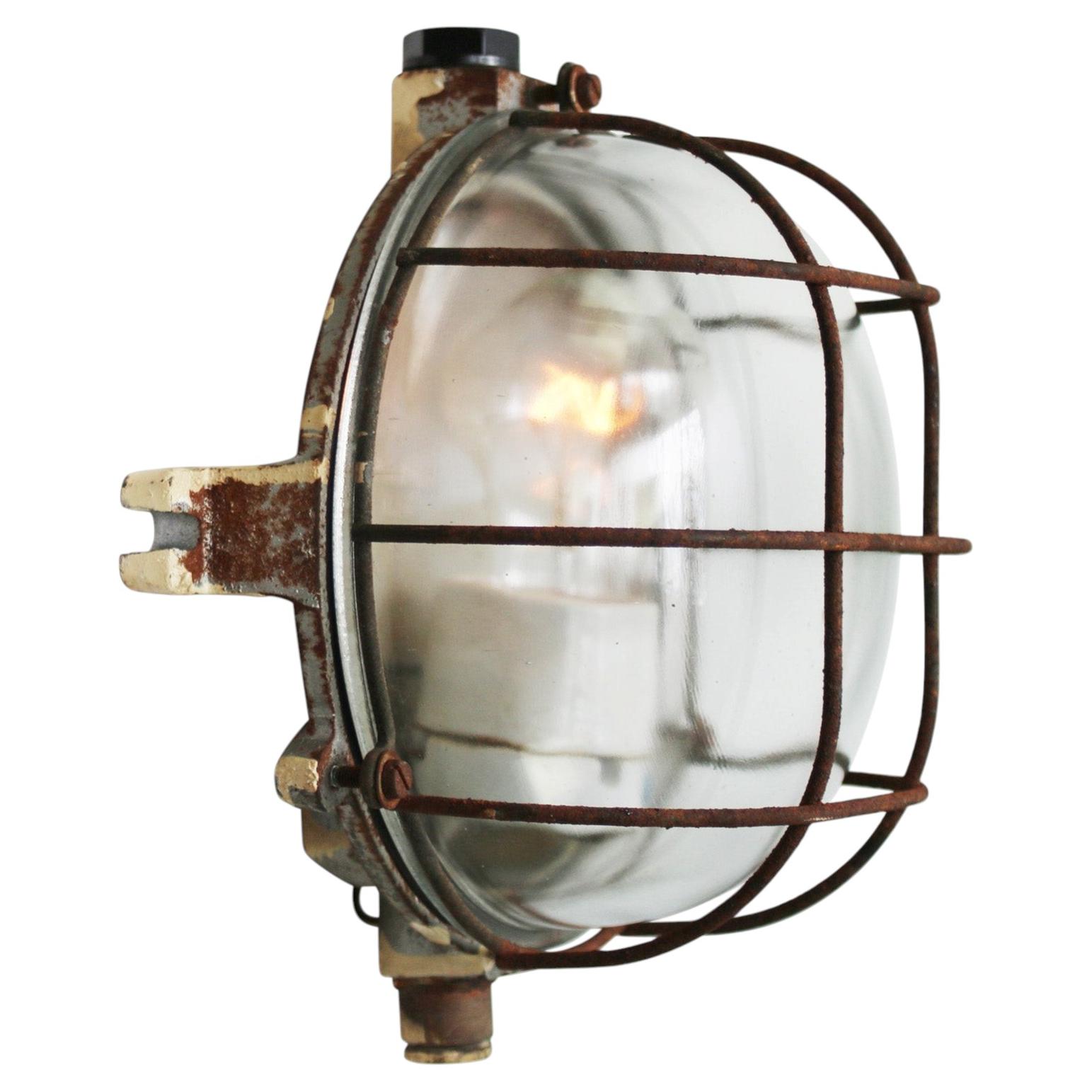 French Vintage Industrial Cast Iron Clear Glass Sconces Wall Lights For Sale