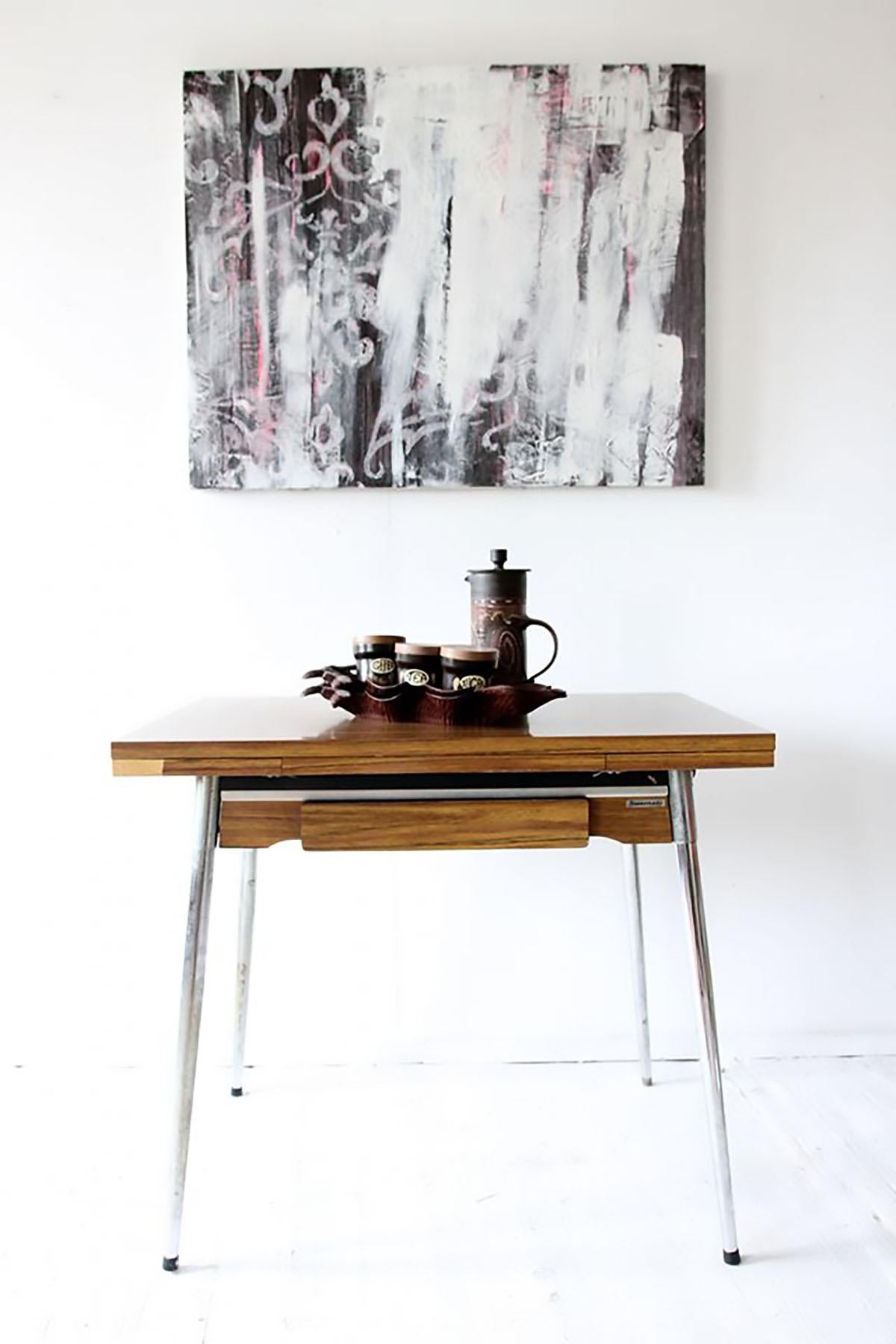 French Vintage Industrial Formica and Chrome Extending Kitchen Table by Supermat 3