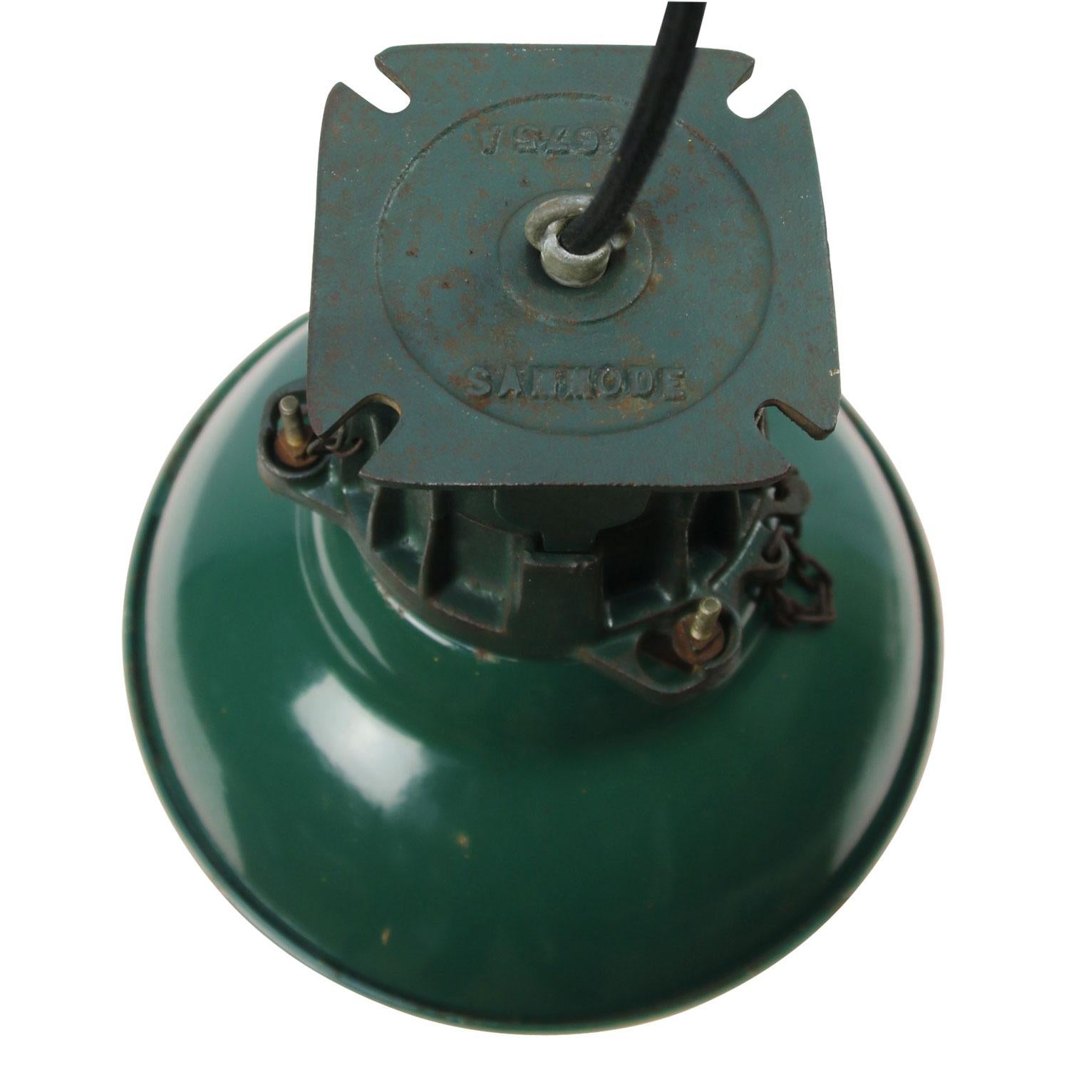 Cast French Vintage Industrial Petrol Green Enamel Clear Glass Factory Pendant Light