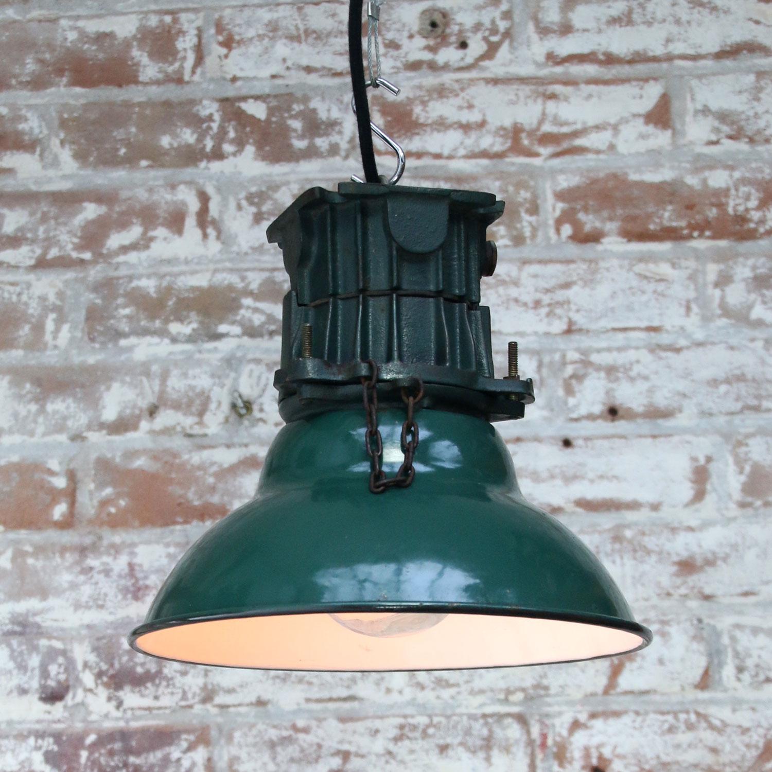 20th Century French Vintage Industrial Petrol Green Enamel Clear Glass Factory Pendant Light