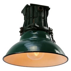 French Vintage Industrial Petrol Green Enamel Clear Glass Factory Pendant Light