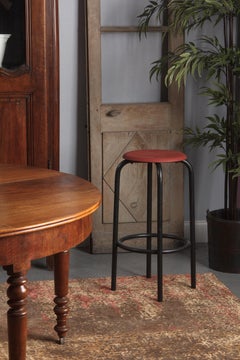 French Vintage Industrial Red and Black Stool, 1950s