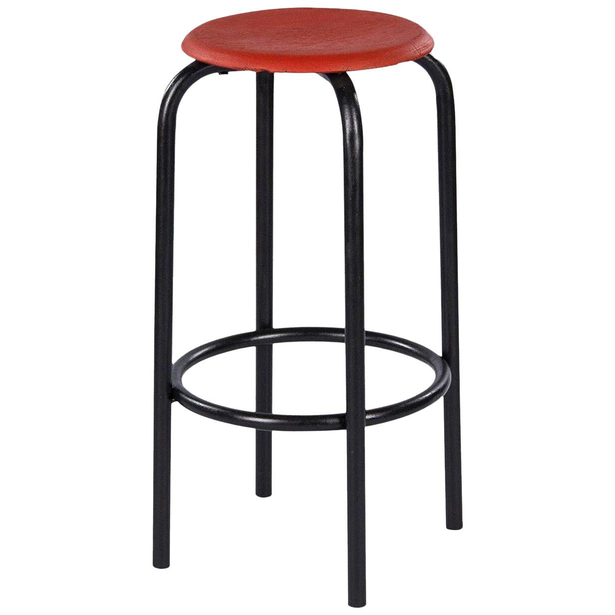 French Vintage Industrial Red and Black Stool, 1950s