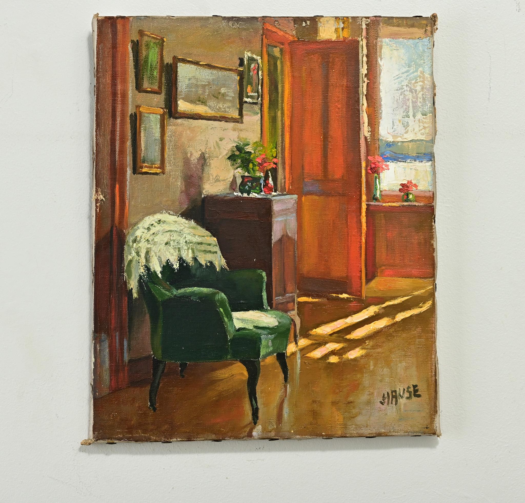 A vibrant hand painted rendering of an interior, signed by the artist, Hause. This oil on canvas painting depicts a cozy seating area in a home. Fixed with a wire and ready to hang in your interior. View the detailed images for the current condition.