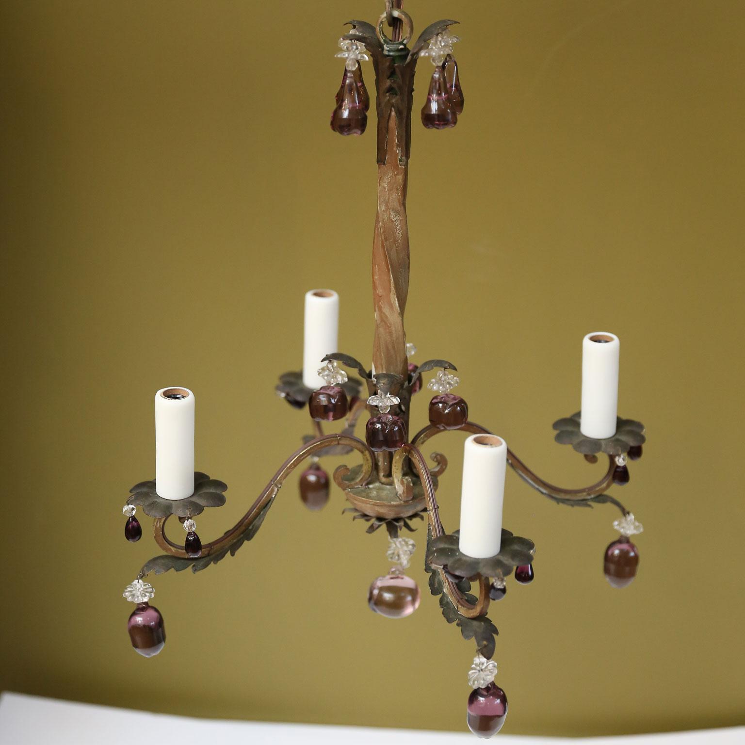 French Romantic Iron and Crystal Chandelier With Amethyst-Colored Drops In Good Condition In Houston, TX