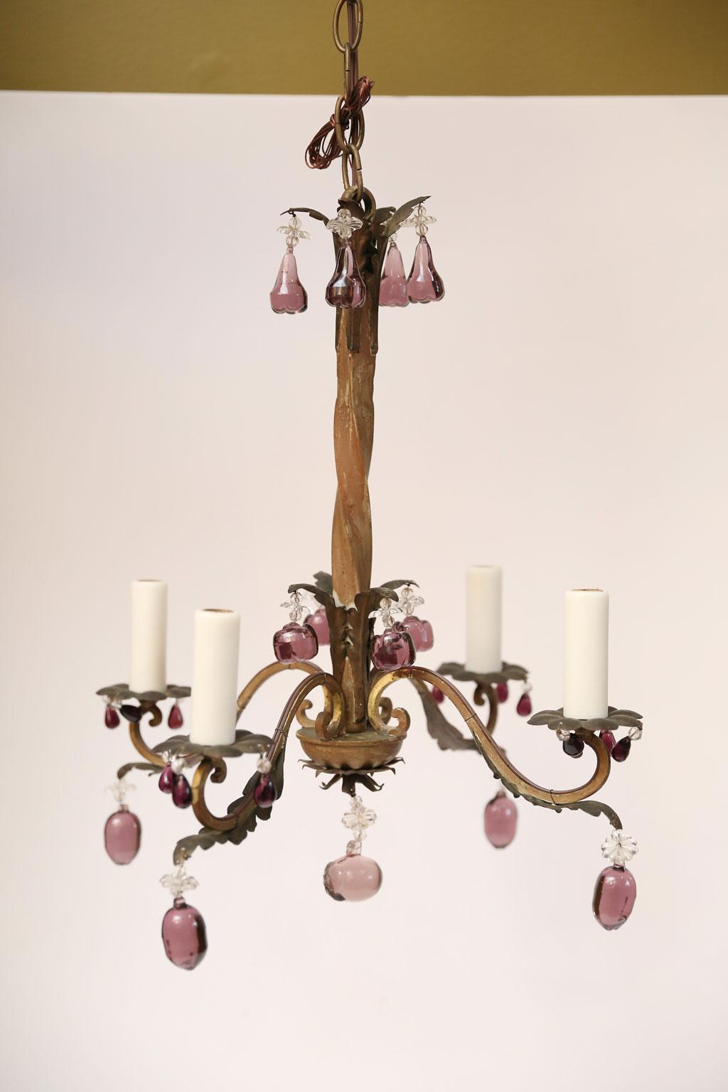 Mid-20th Century French Romantic Iron and Crystal Chandelier With Amethyst-Colored Drops