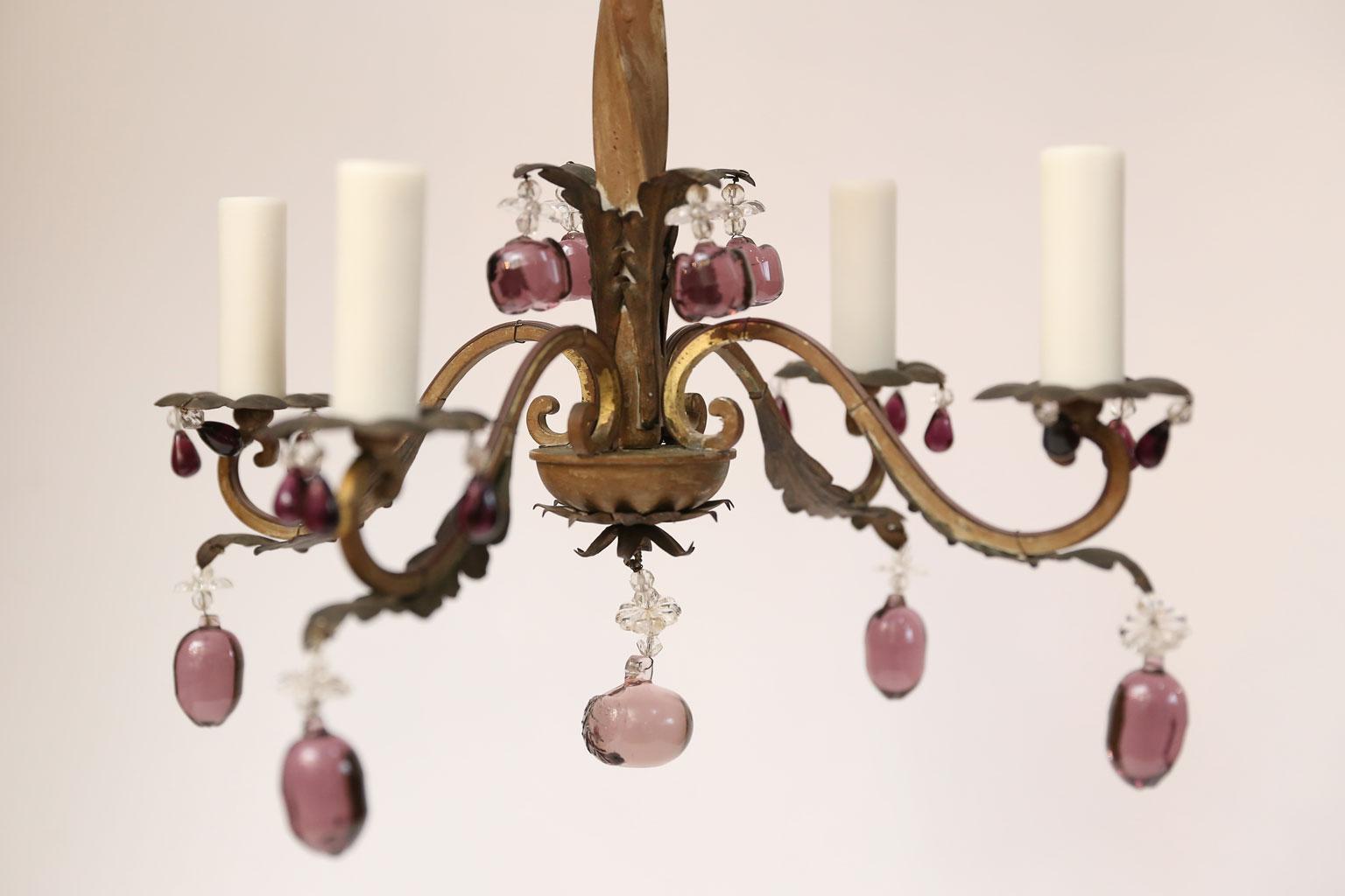 Wrought Iron French Romantic Iron and Crystal Chandelier With Amethyst-Colored Drops