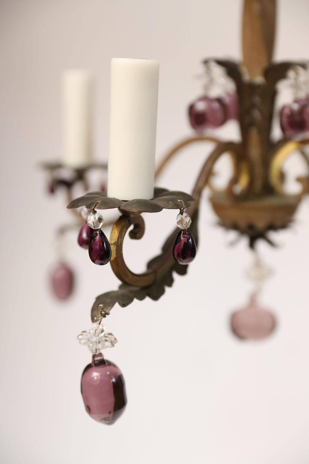 French Romantic Iron and Crystal Chandelier With Amethyst-Colored Drops 3