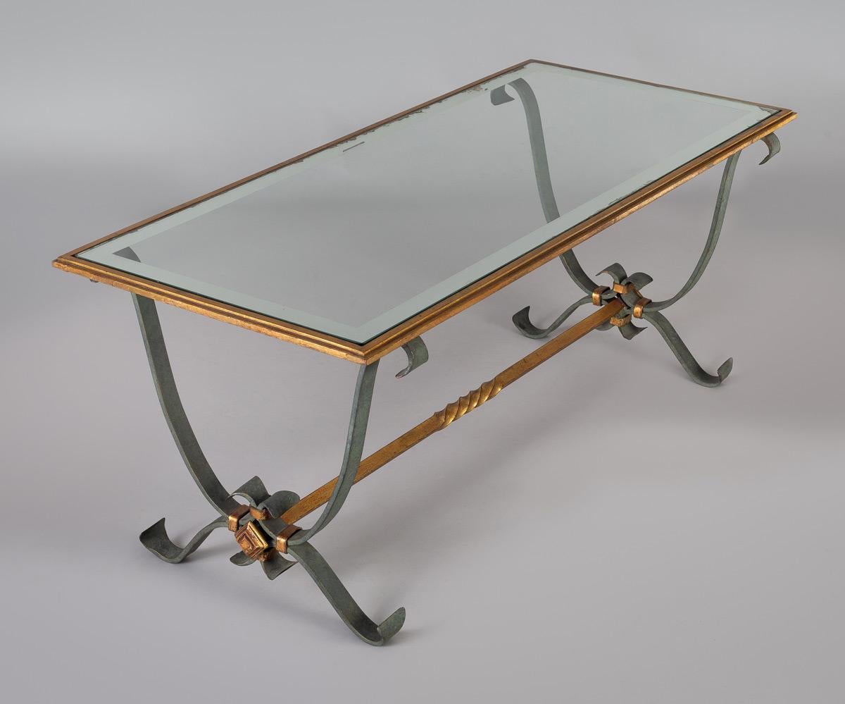 Gilt French Vintage Iron and Glass Coffee Table For Sale