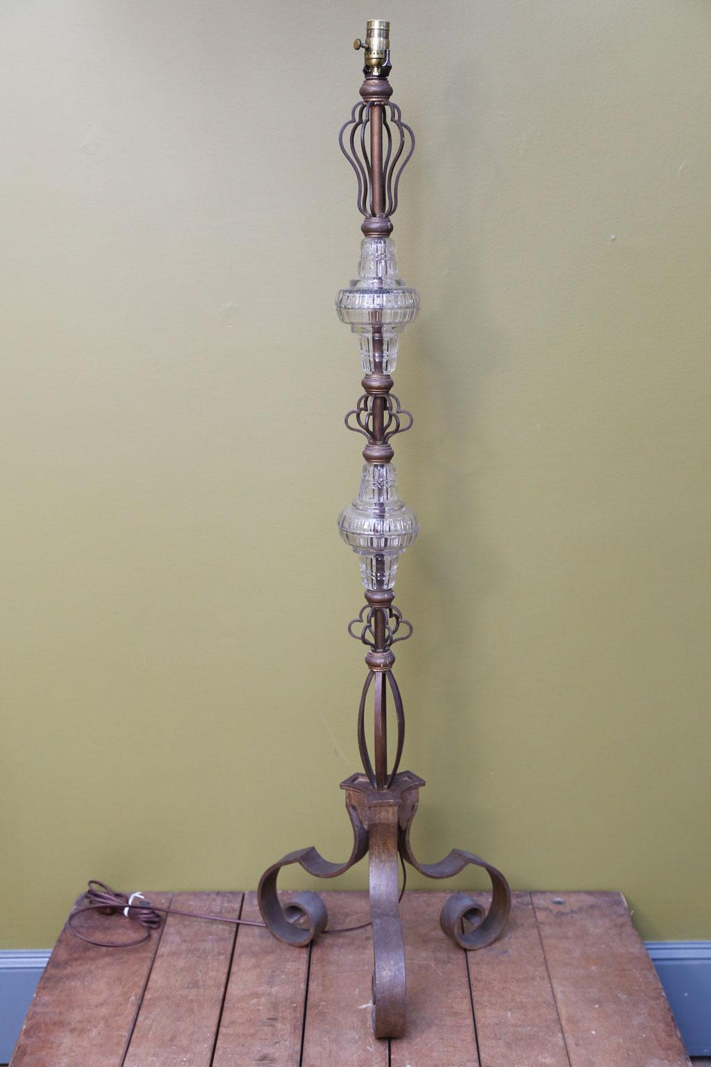 French vintage iron doré floorand glass lamp dating to the 1930s. Fine quality forged and cast iron floor lamp. Extremely detailed and decorative. Newly wired for use within the USA. Accommodates single medium-size base (Edison) bulb. Sold without a