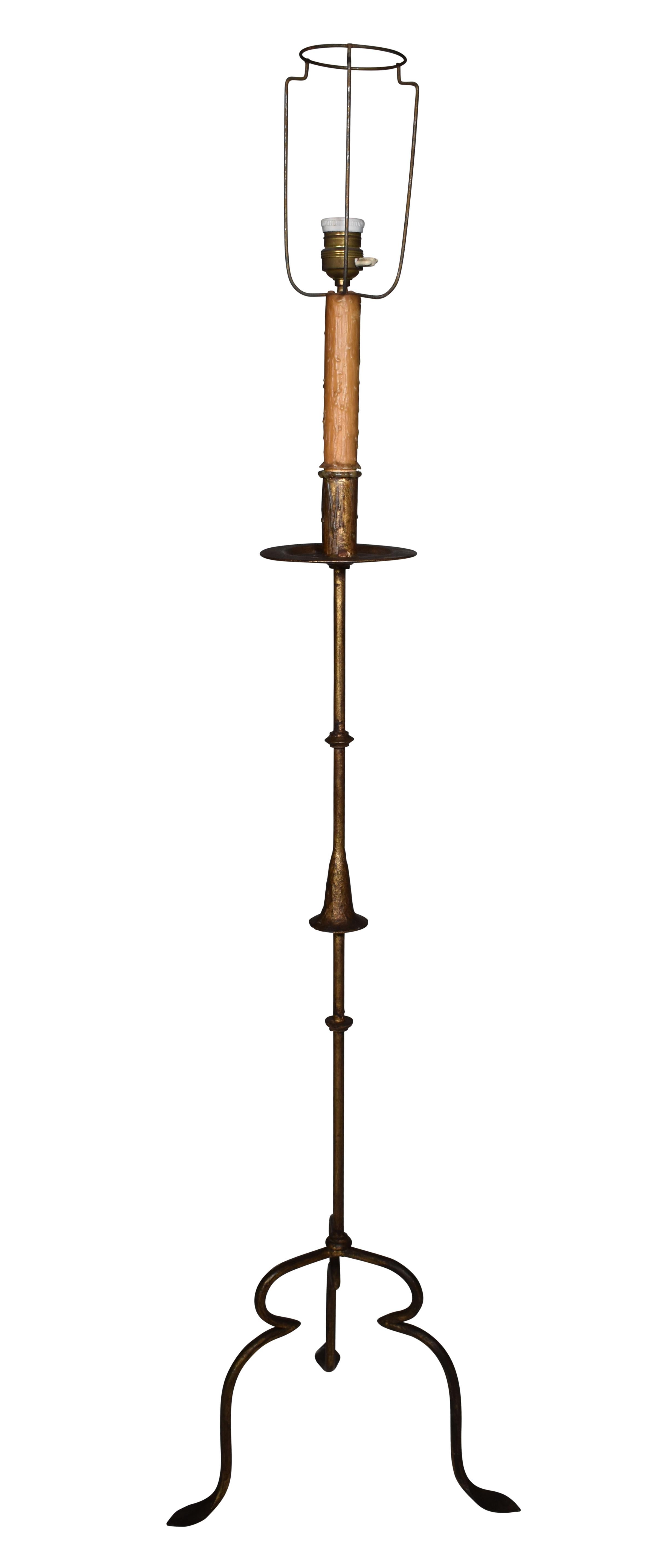 Vintage gilded iron torchier converted into a floor lamp. European wiring - must be rewired to use in US.