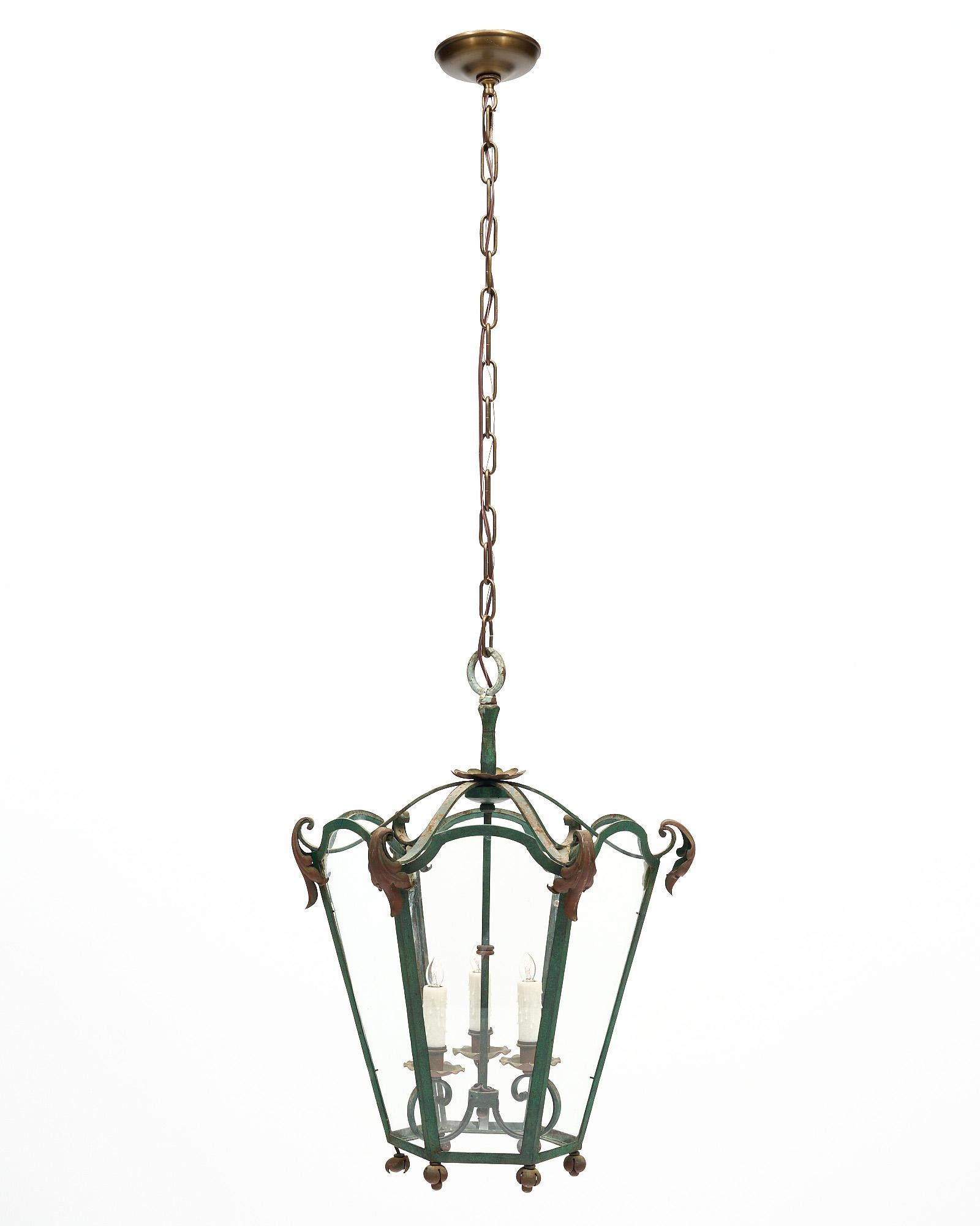 Glass French Vintage Iron Lantern For Sale