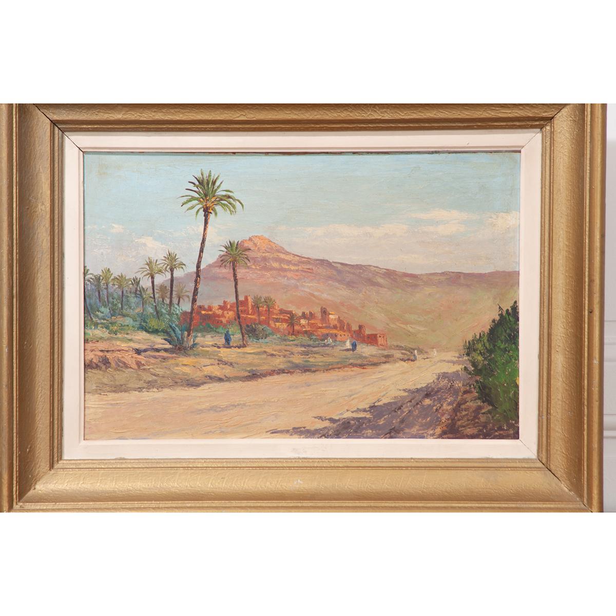 A beautiful, matted and framed landscape painting on board depicting a rural road leading to a small city with mountains in the background.