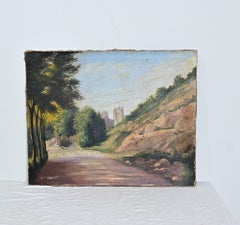 French Vintage Landscape Painting with Cathedral