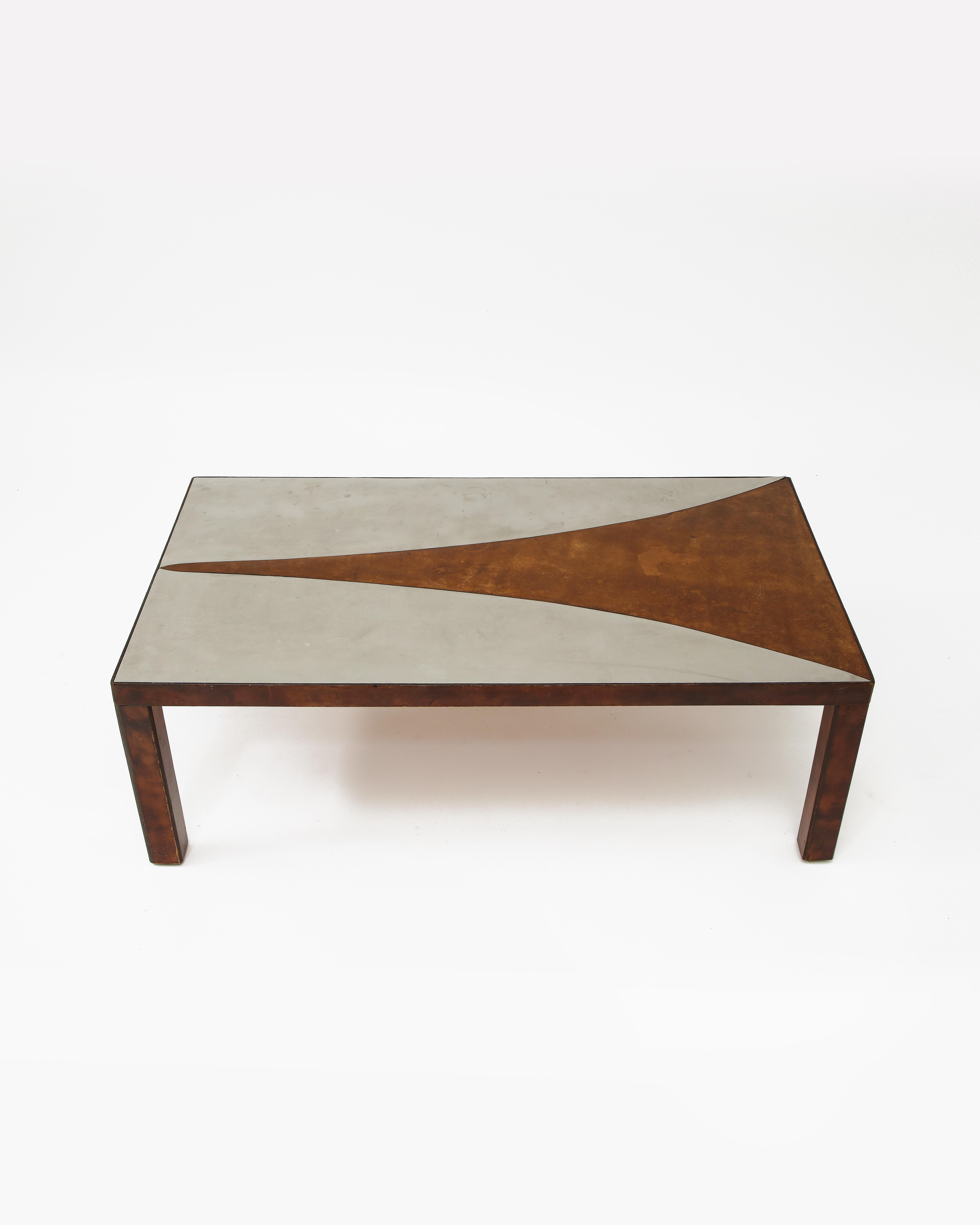 Modern French Vintage Leather and Metal Coffee Table