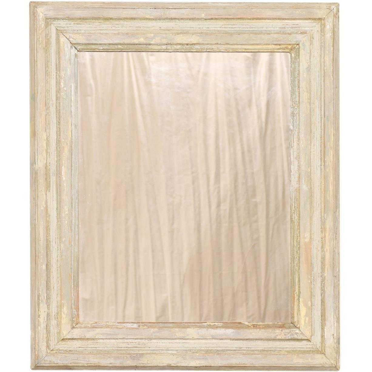 French Vintage Light Neutral Cream Color Painted Wood Mirror