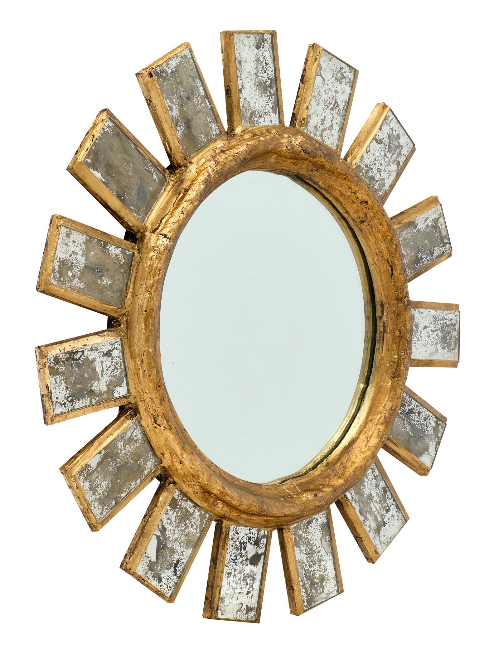 French vintage Line Vautrin style mirror with a circular wood center gold leafed and stuccoed, combined with antiqued mirrored components. We love the stylized look of this superb accessory.