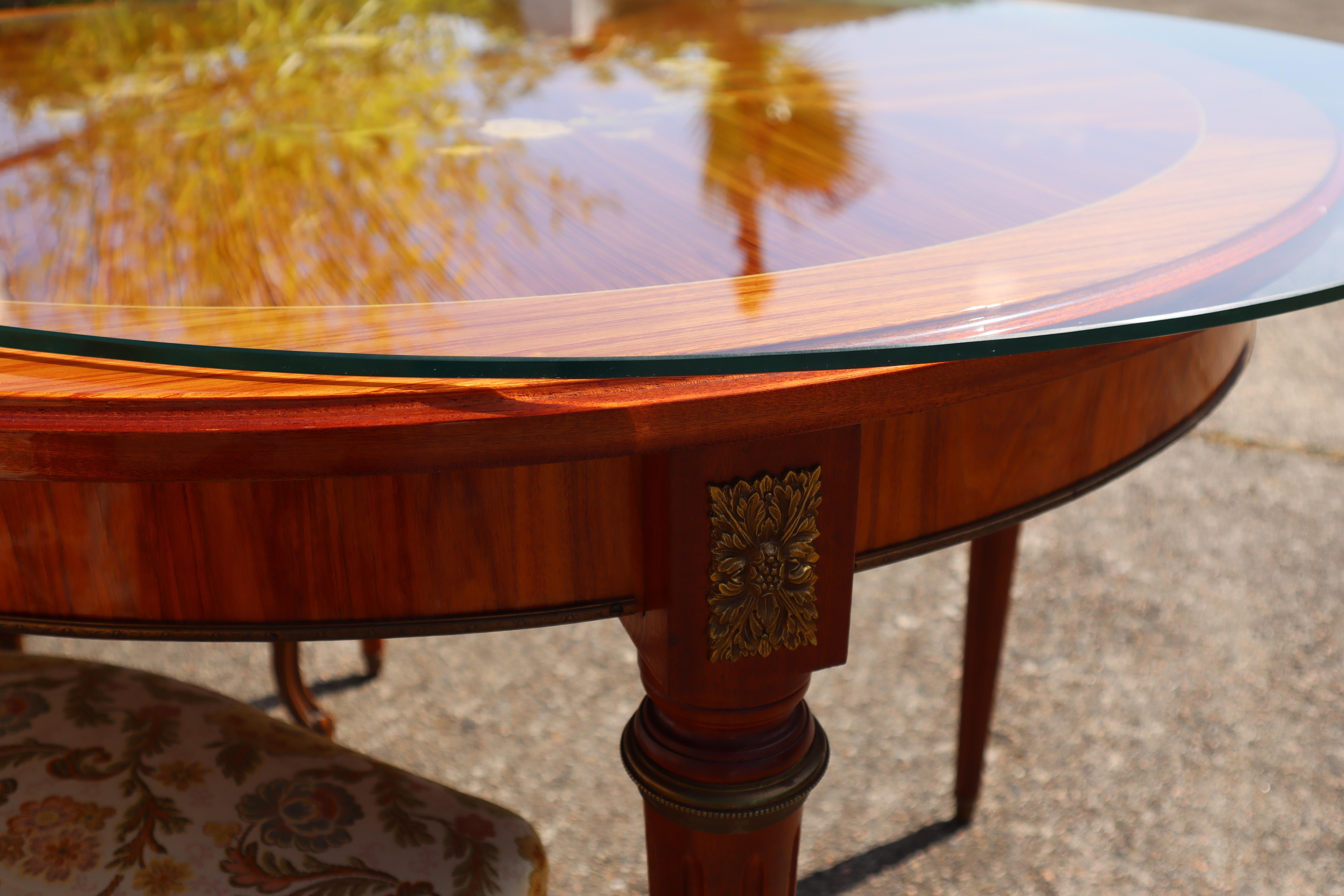 French Vintage Louis XVI Style High Gloss Rosewood Marquetry Dining Table-60s 4
