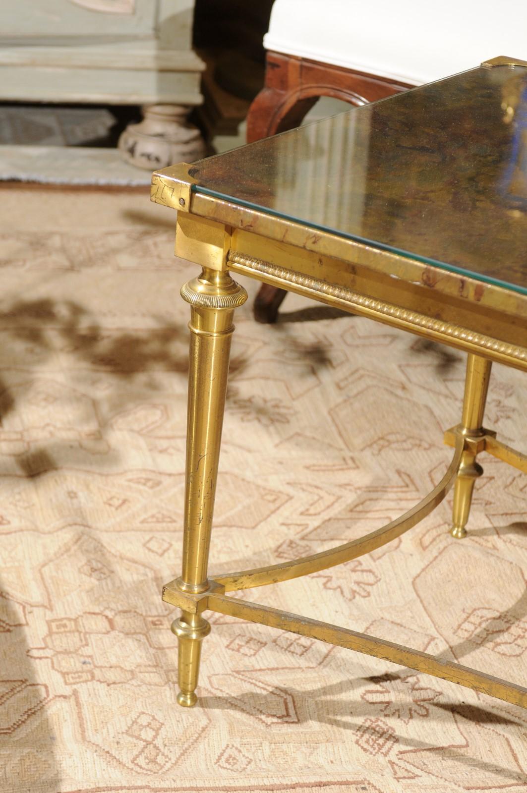 French Vintage Maison Baguès Brass Coffee Table with Marbleized Top under Glass 6