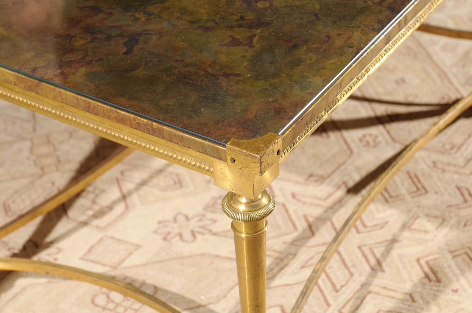 French Vintage Maison Baguès Brass Coffee Table with Marbleized Top under Glass In Good Condition In Atlanta, GA