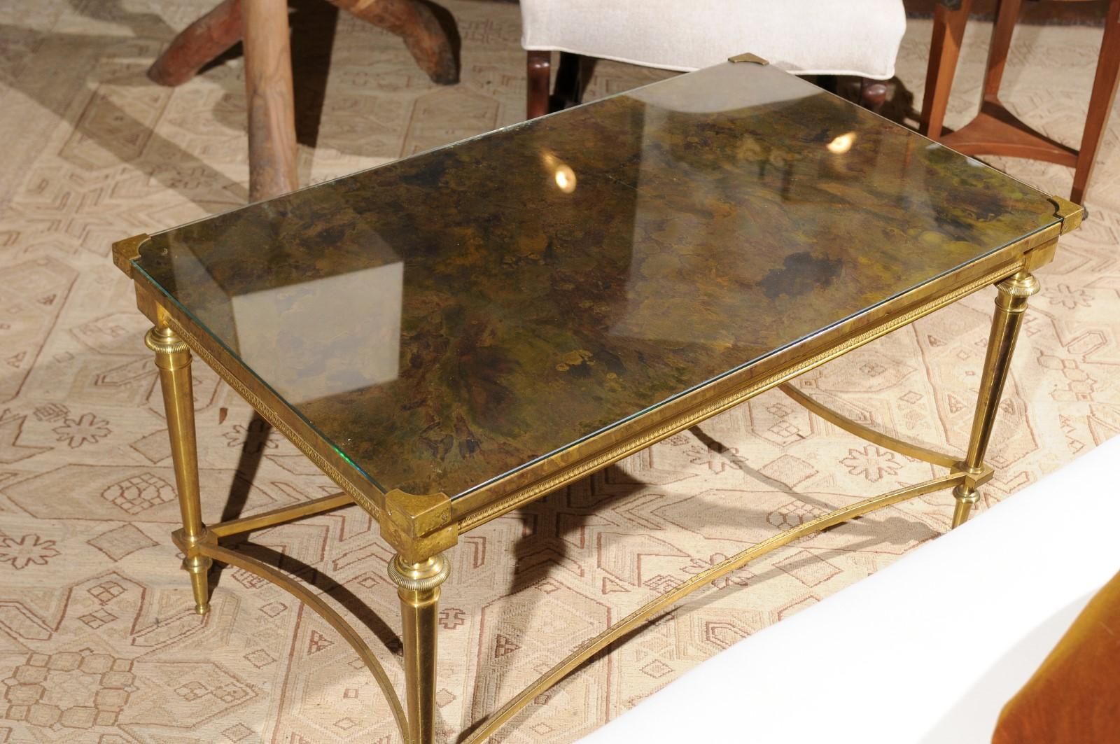 20th Century French Vintage Maison Baguès Brass Coffee Table with Marbleized Top under Glass